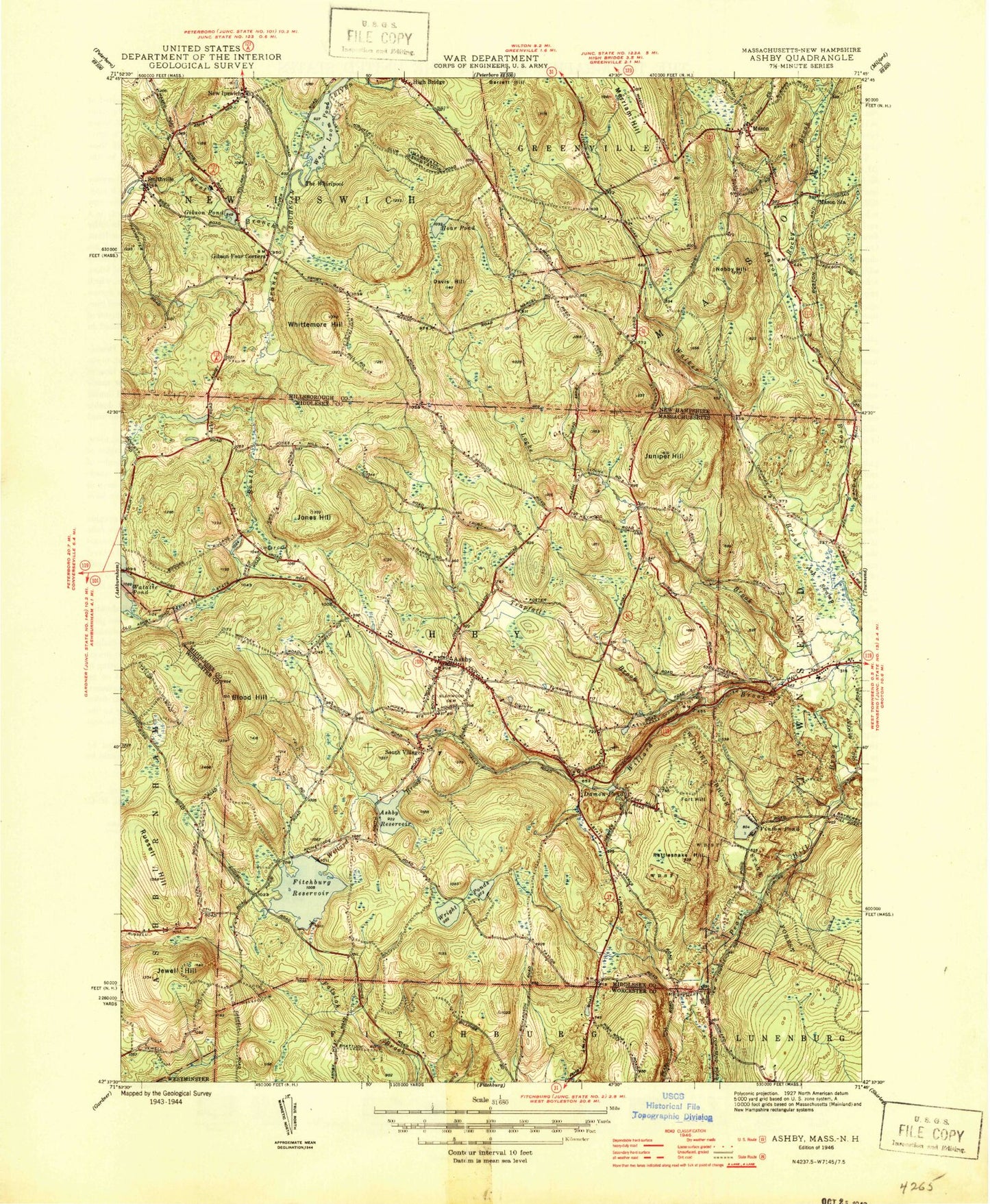 Classic USGS Ashby Massachusetts 7.5'x7.5' Topo Map Image