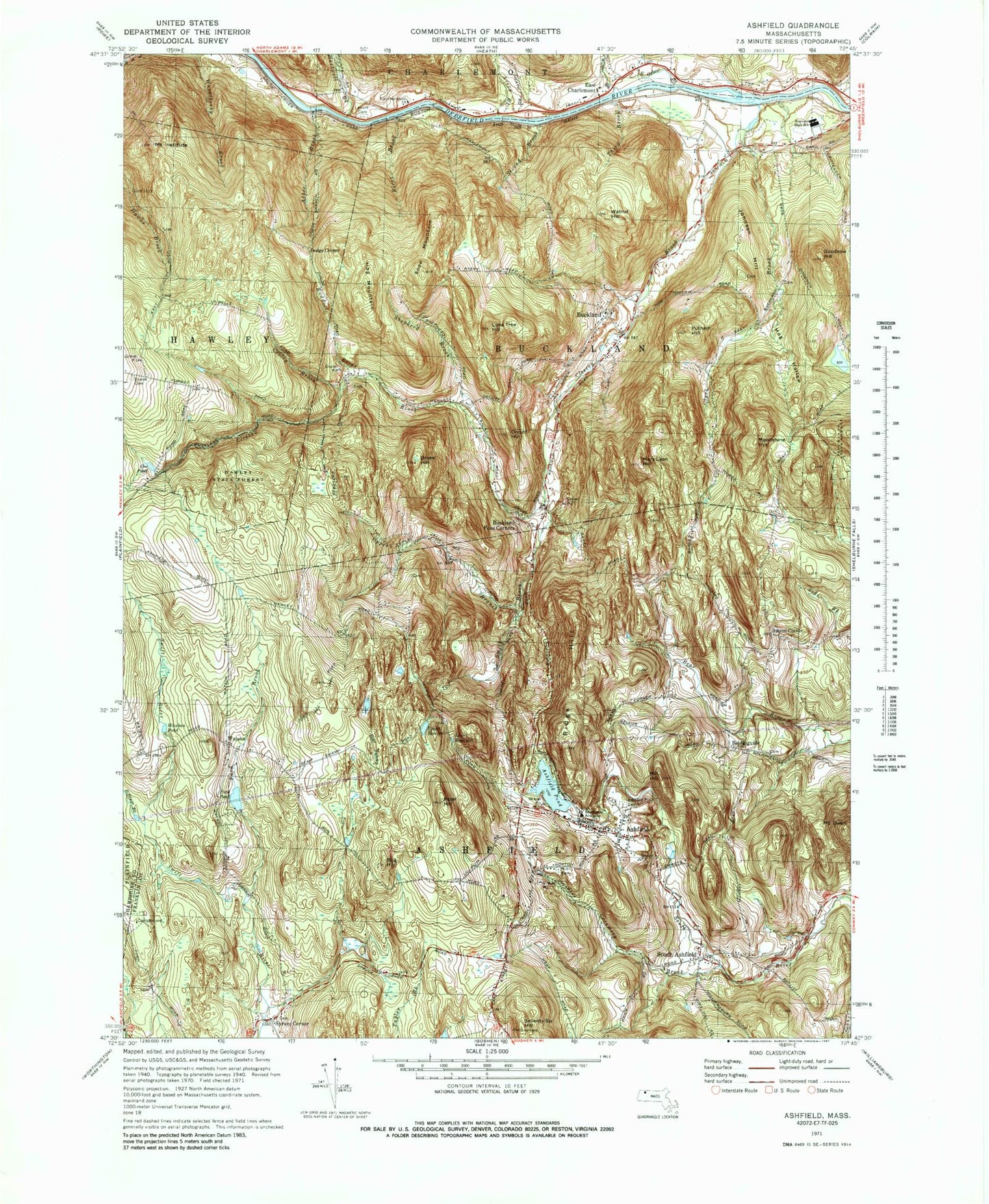 Classic USGS Ashfield Massachusetts 7.5'x7.5' Topo Map Image