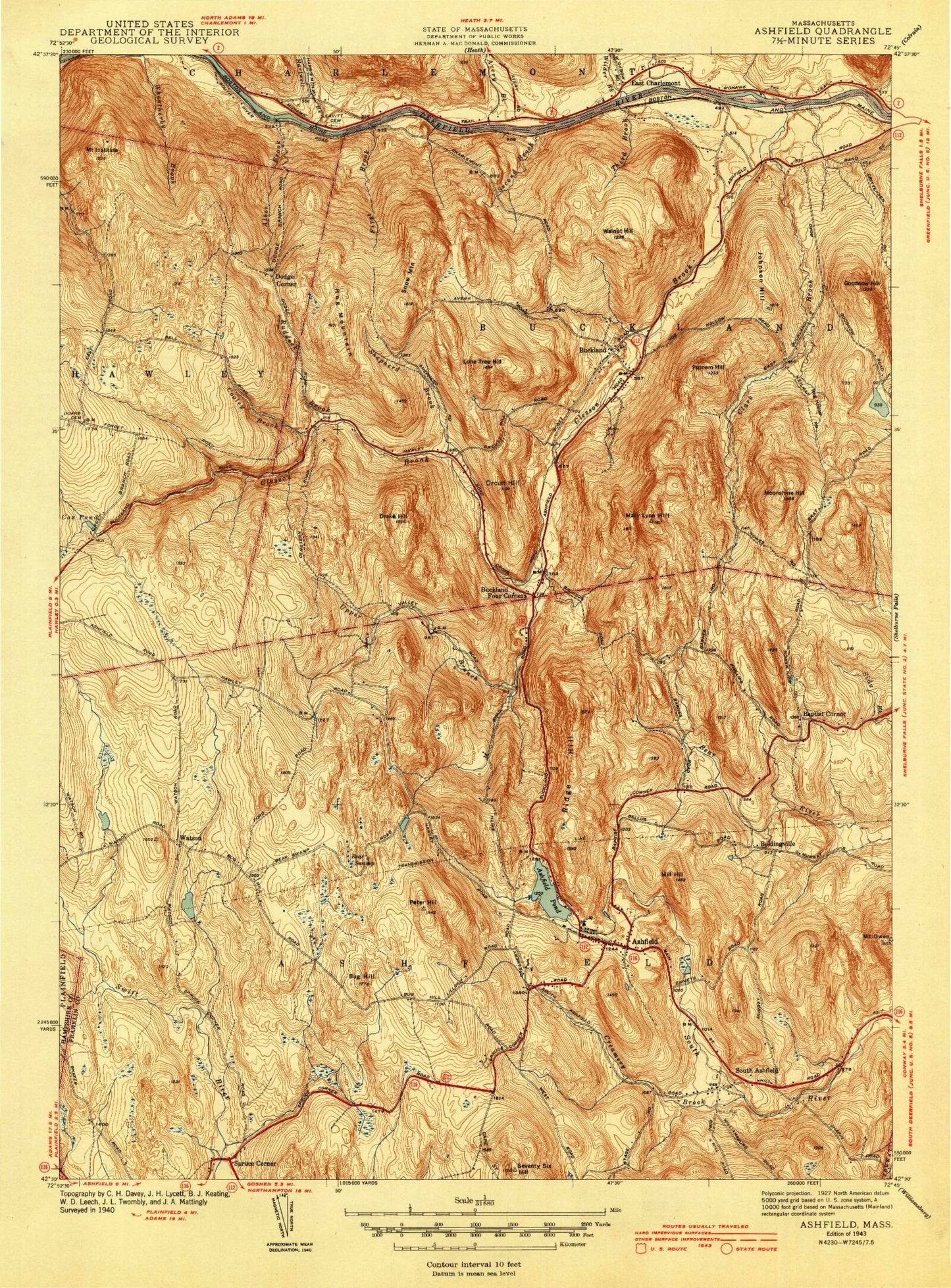 Classic USGS Ashfield Massachusetts 7.5'x7.5' Topo Map Image