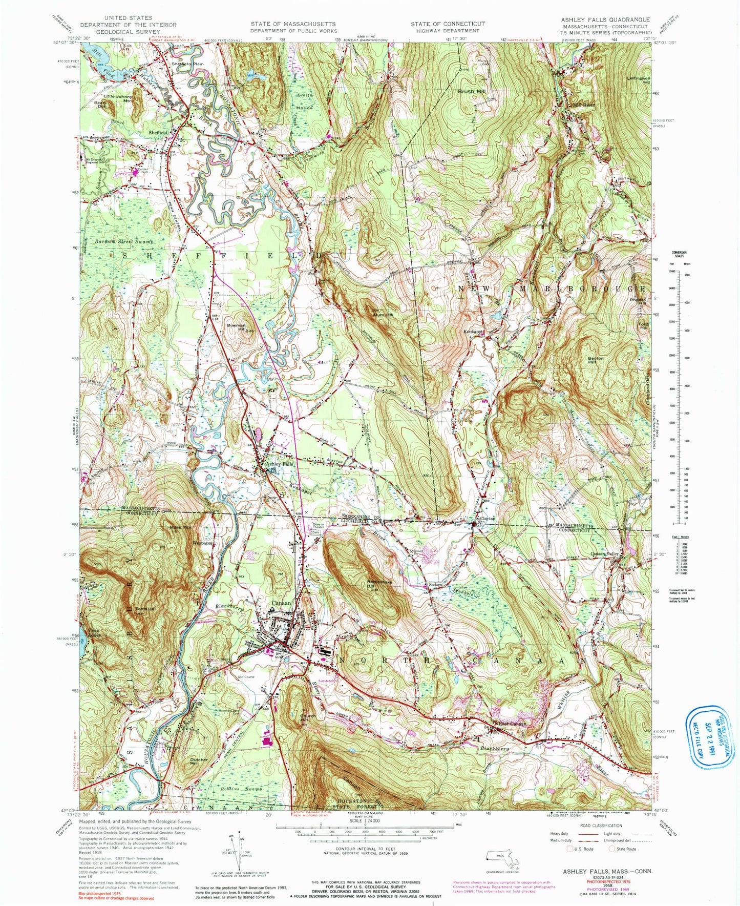 Classic USGS Ashley Falls Massachusetts 7.5'x7.5' Topo Map Image