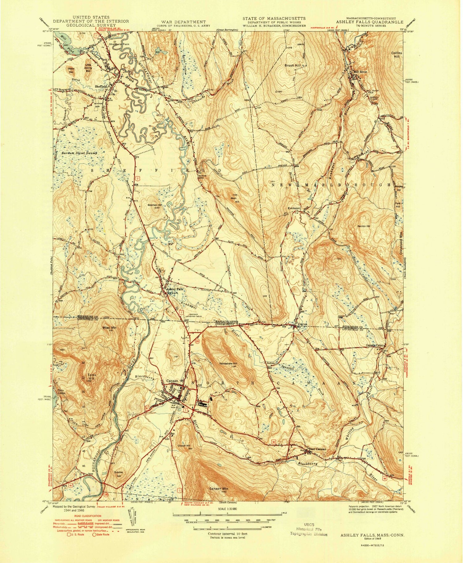 Classic USGS Ashley Falls Massachusetts 7.5'x7.5' Topo Map Image