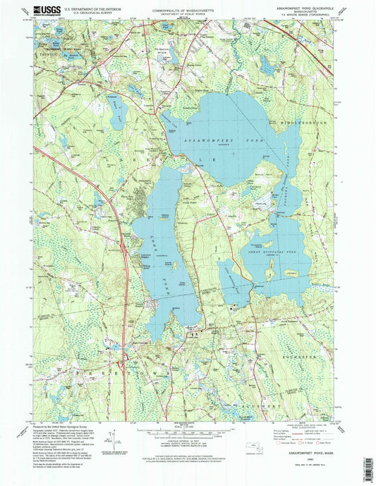Classic USGS Assawompset Pond Massachusetts 7.5'x7.5' Topo Map Image