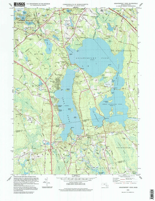 Classic USGS Assawompset Pond Massachusetts 7.5'x7.5' Topo Map Image