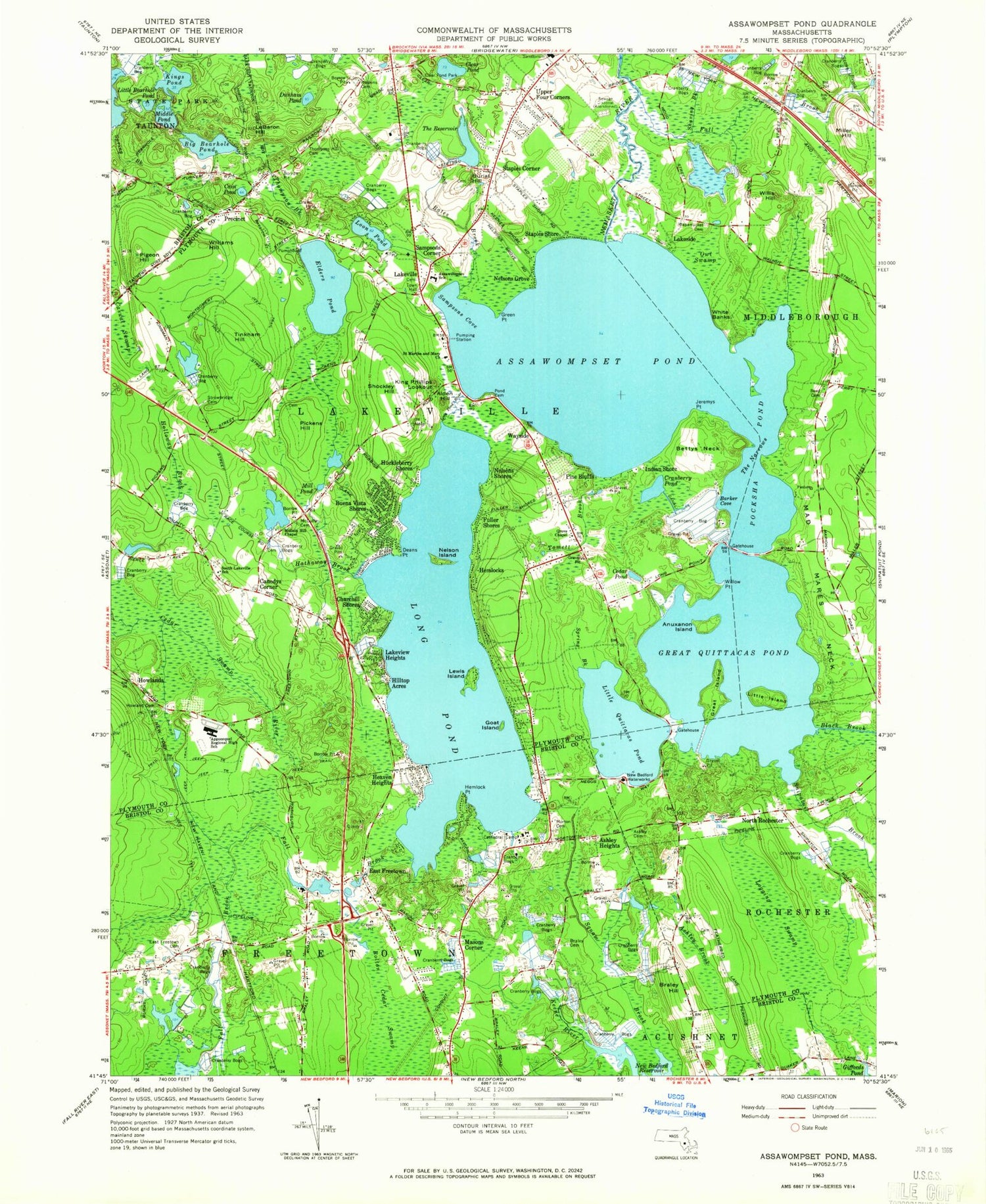 Classic USGS Assawompset Pond Massachusetts 7.5'x7.5' Topo Map Image