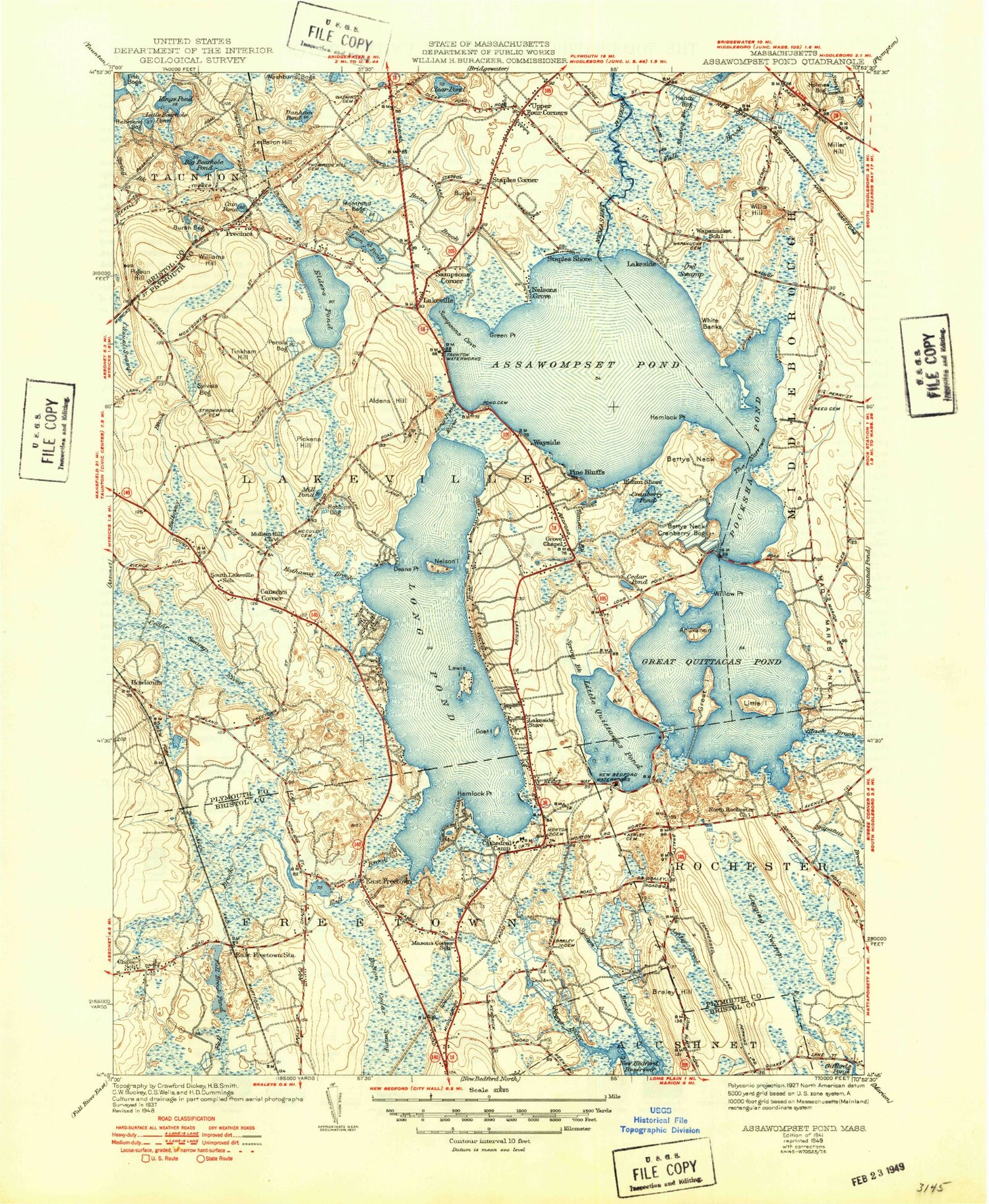 Classic USGS Assawompset Pond Massachusetts 7.5'x7.5' Topo Map Image