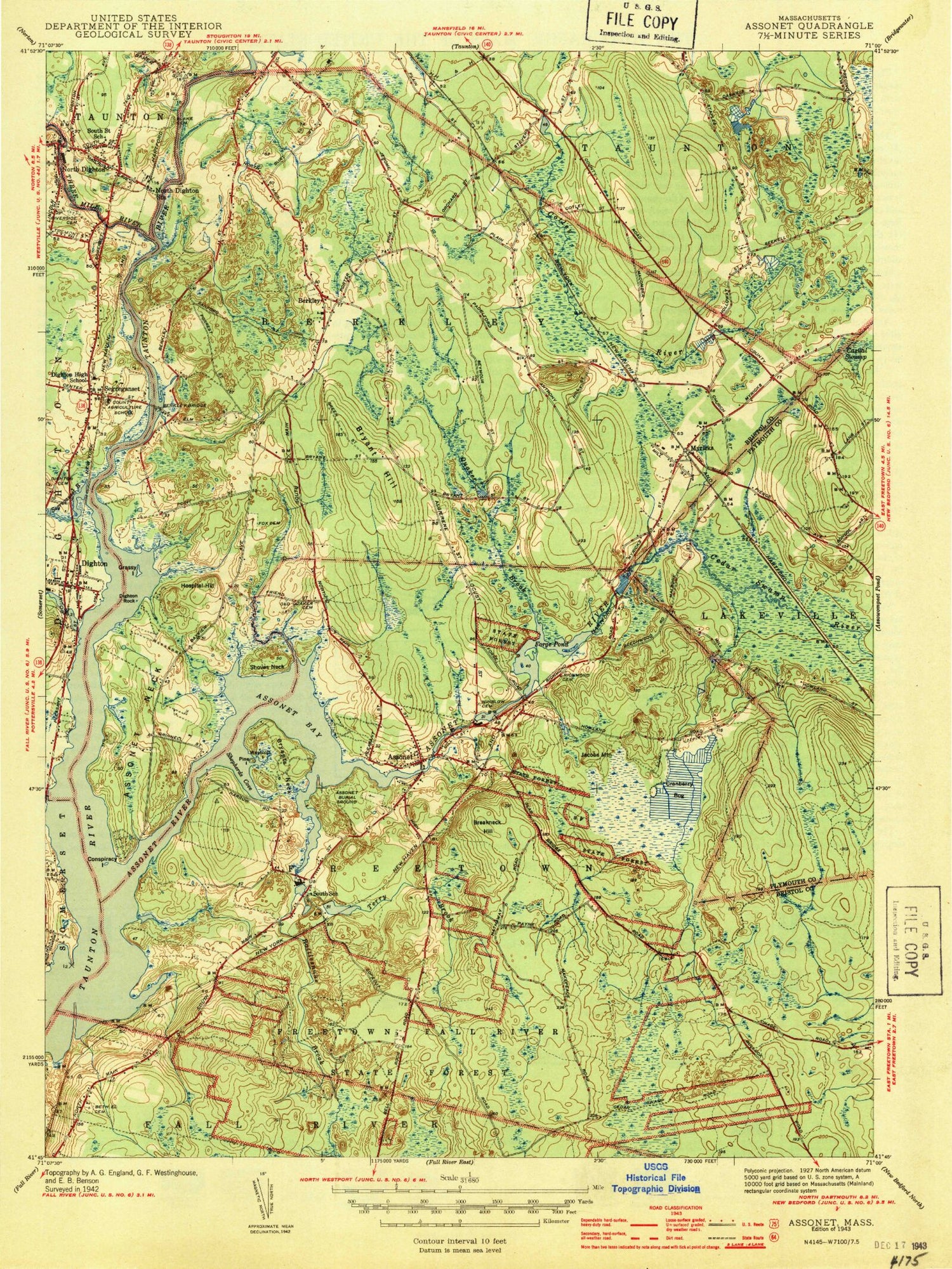 Classic USGS Assonet Massachusetts 7.5'x7.5' Topo Map Image