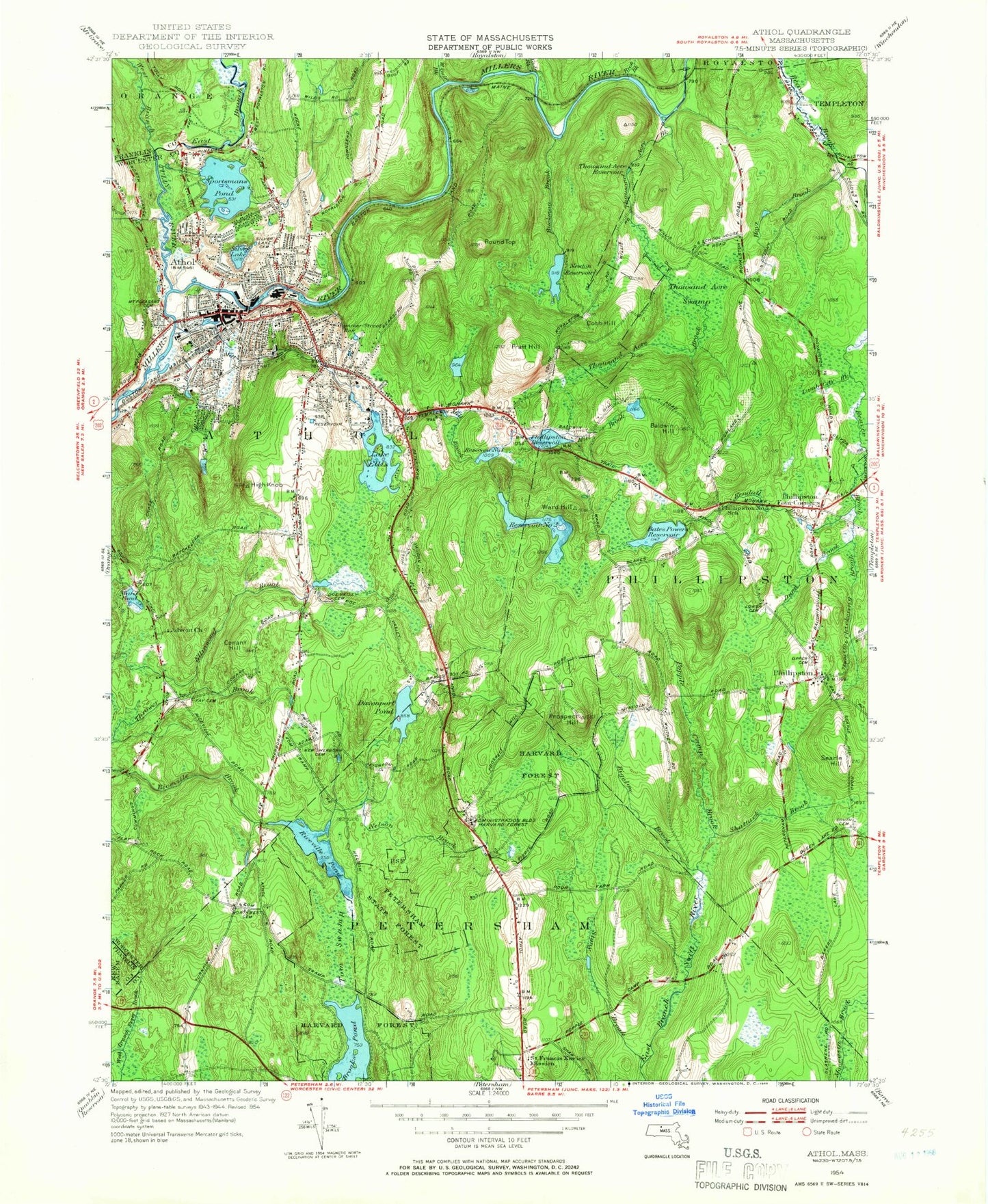 Classic USGS Athol Massachusetts 7.5'x7.5' Topo Map Image