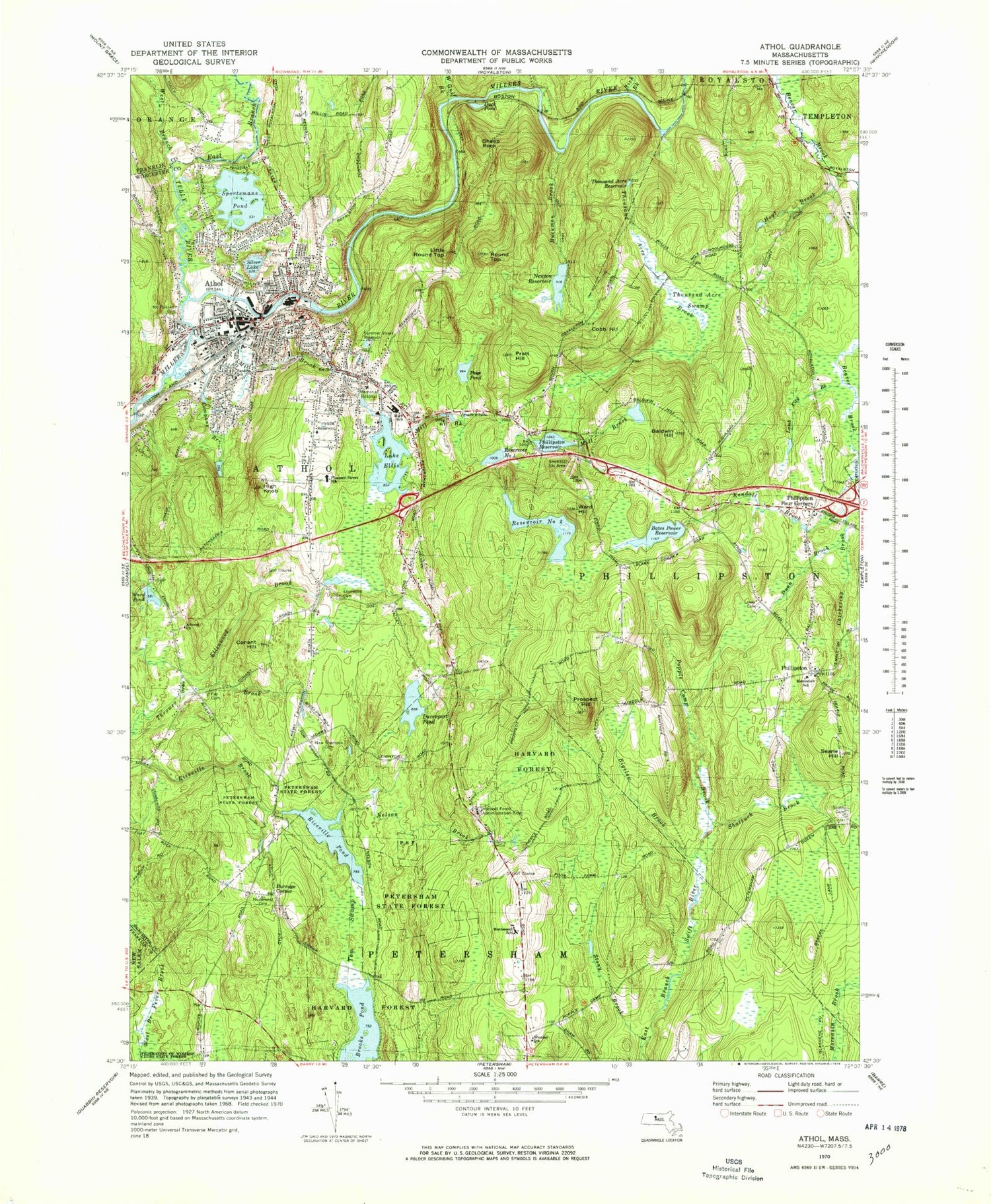 Classic USGS Athol Massachusetts 7.5'x7.5' Topo Map Image