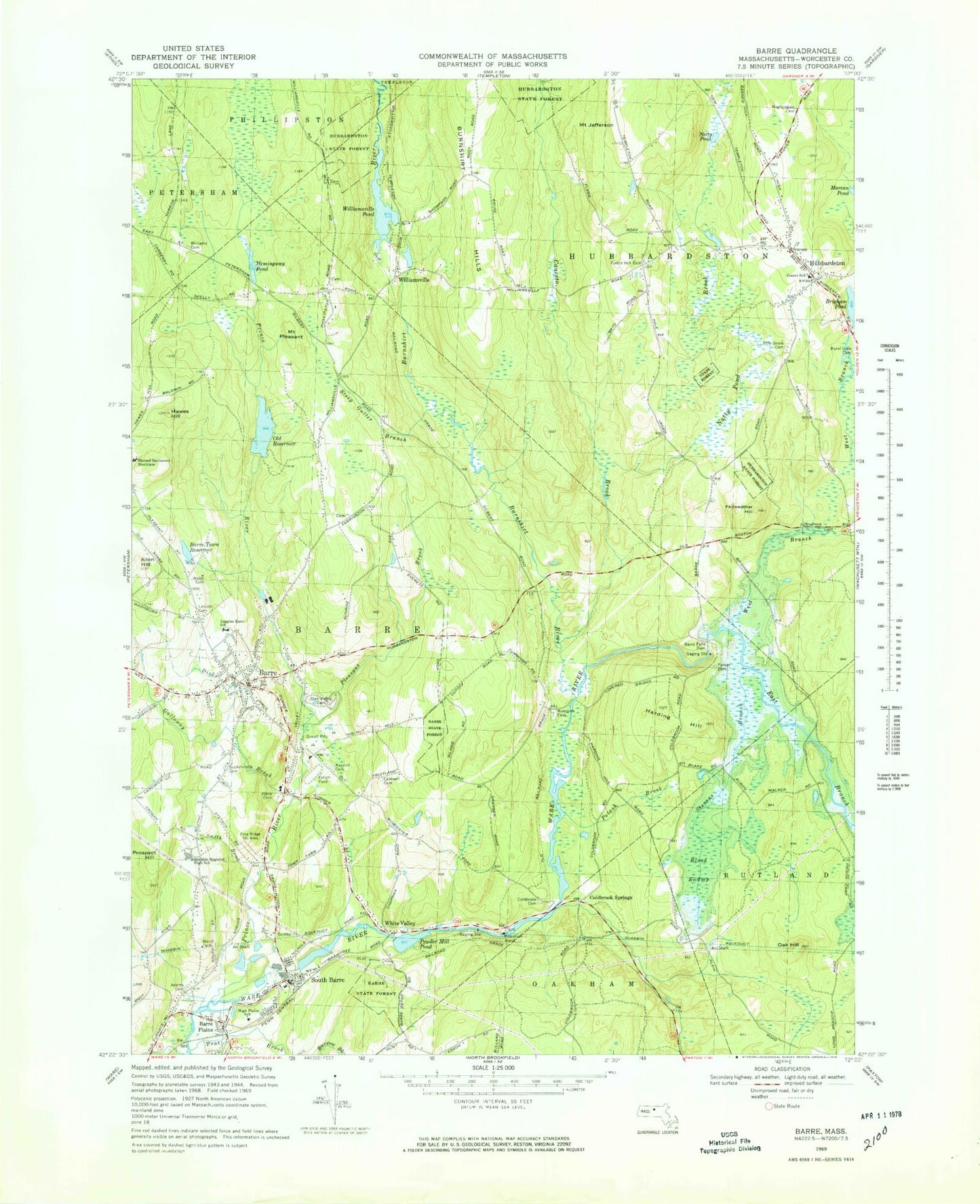 Classic USGS Barre Massachusetts 7.5'x7.5' Topo Map Image