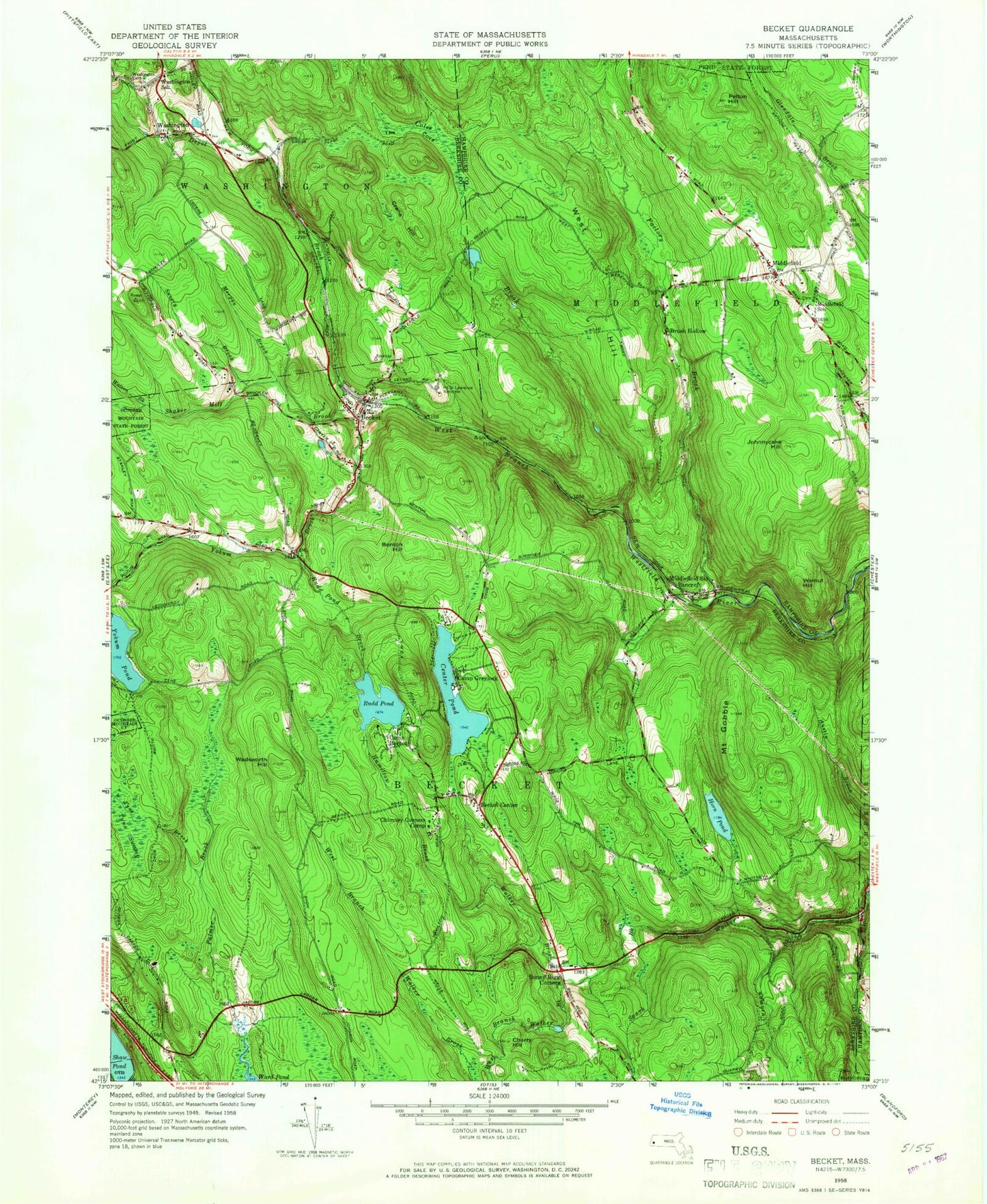 Classic USGS Becket Massachusetts 7.5'x7.5' Topo Map Image