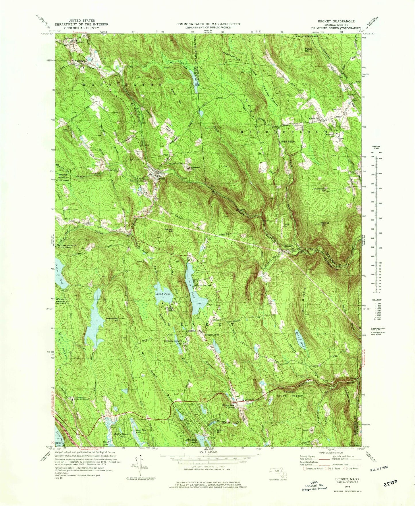 Classic USGS Becket Massachusetts 7.5'x7.5' Topo Map Image