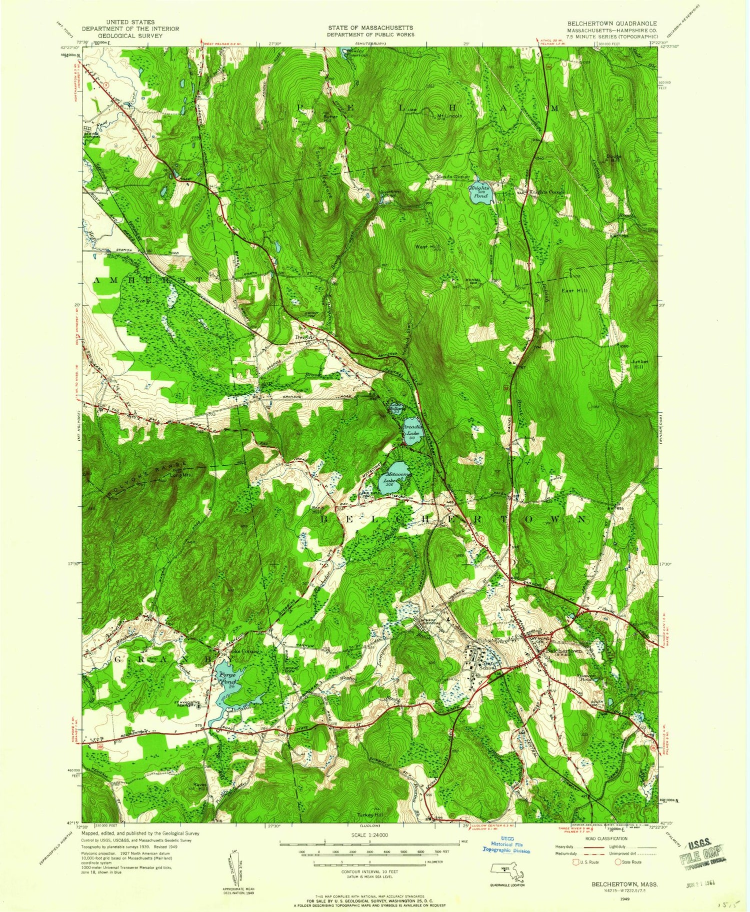 Classic USGS Belchertown Massachusetts 7.5'x7.5' Topo Map Image