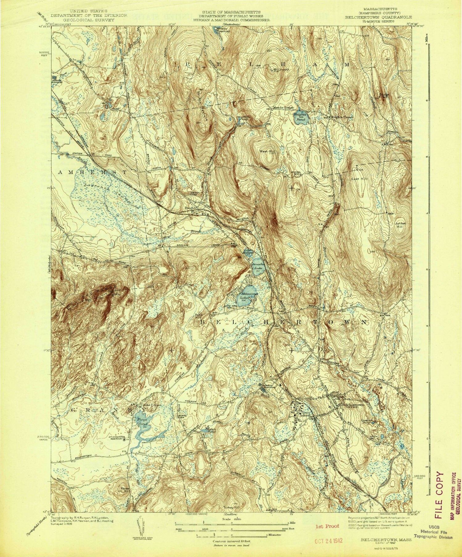 Classic USGS Belchertown Massachusetts 7.5'x7.5' Topo Map Image