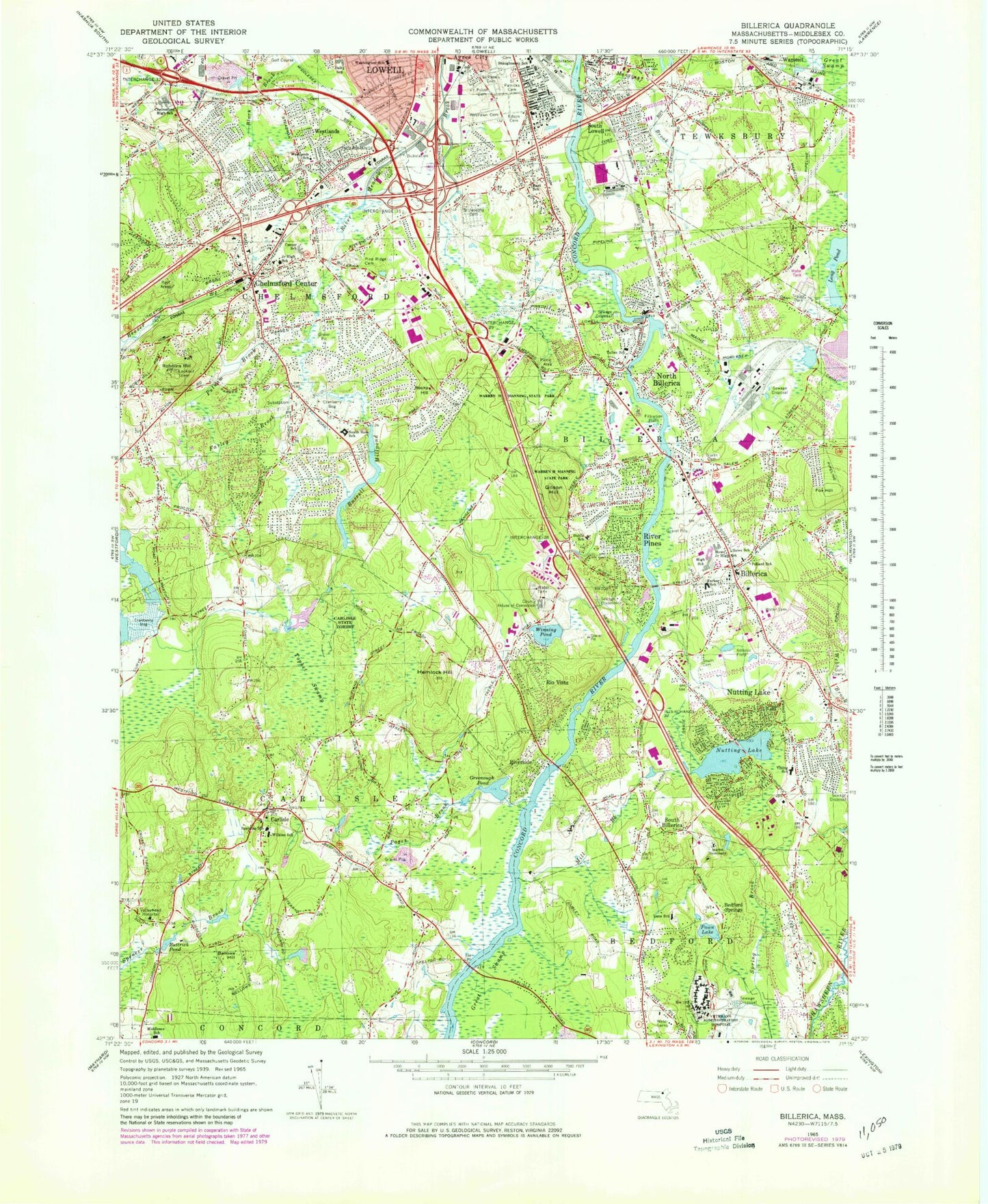 Classic USGS Billerica Massachusetts 7.5'x7.5' Topo Map Image