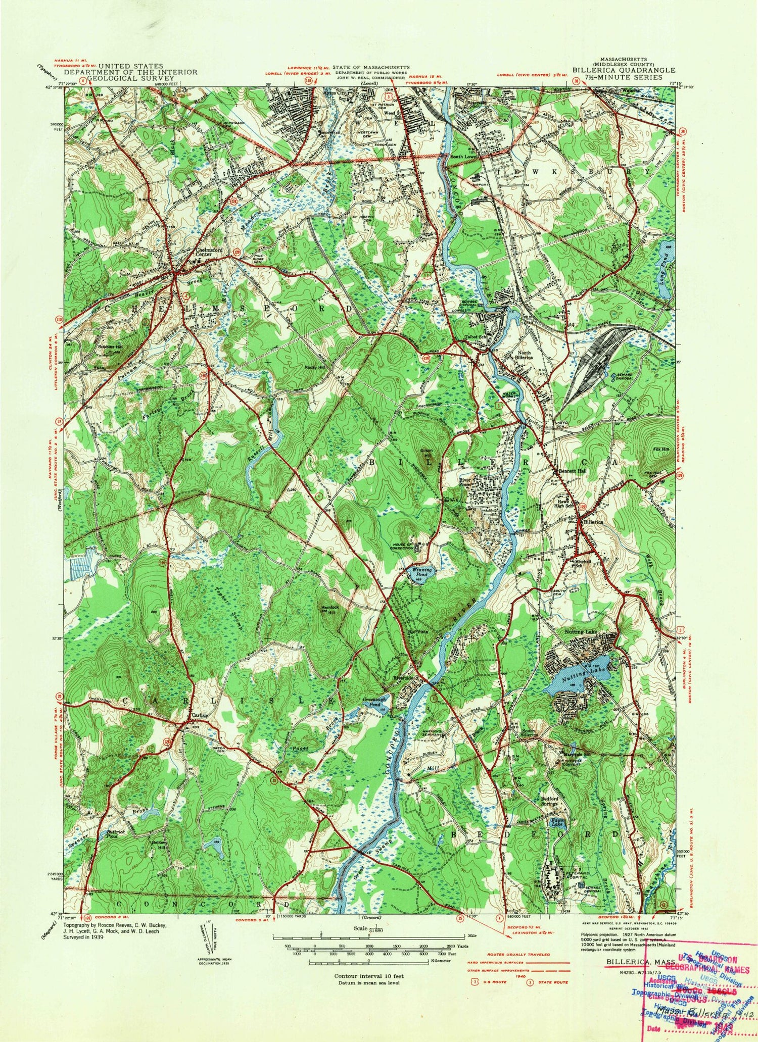 Classic USGS Billerica Massachusetts 7.5'x7.5' Topo Map Image