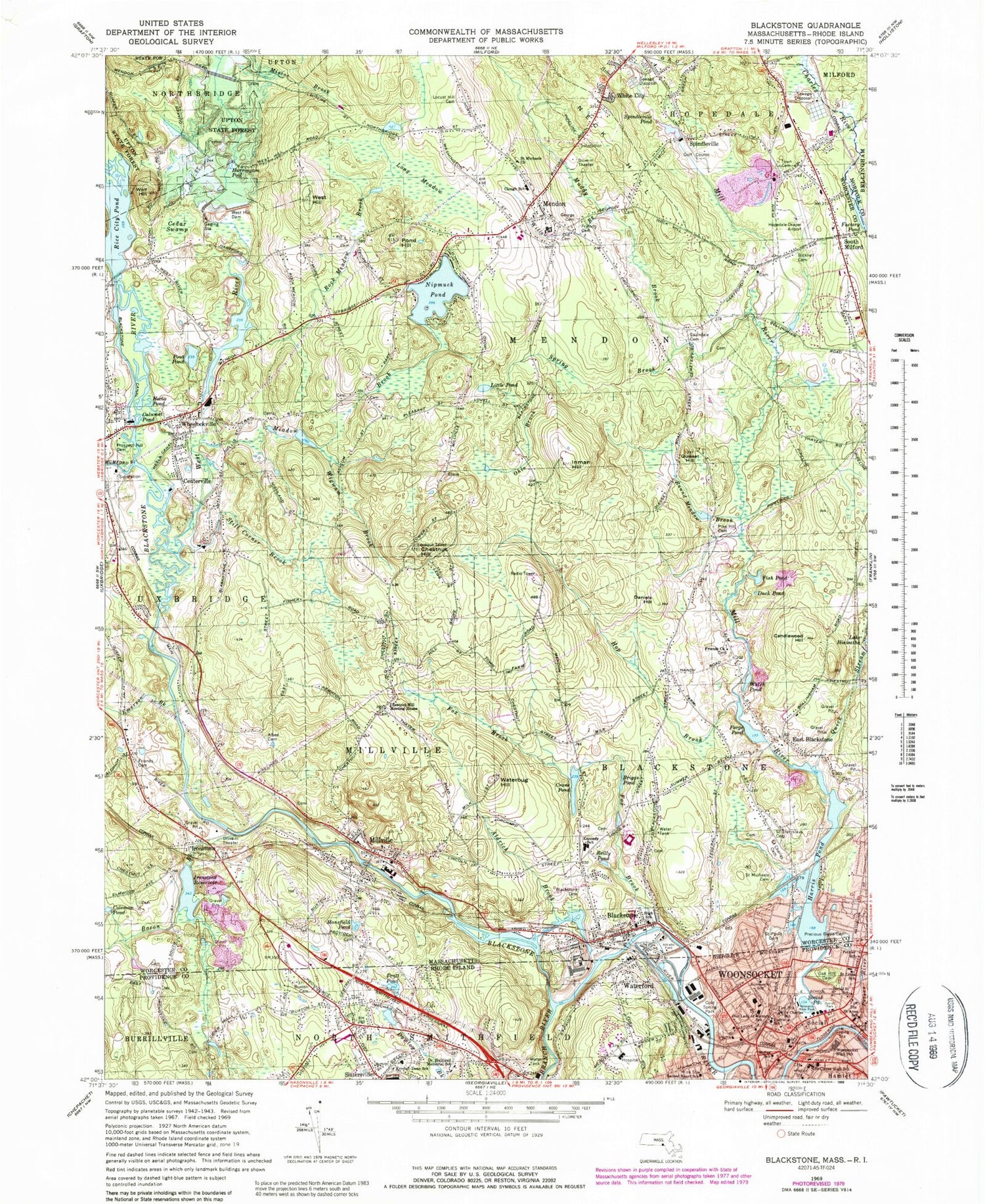 Classic USGS Blackstone Massachusetts 7.5'x7.5' Topo Map Image