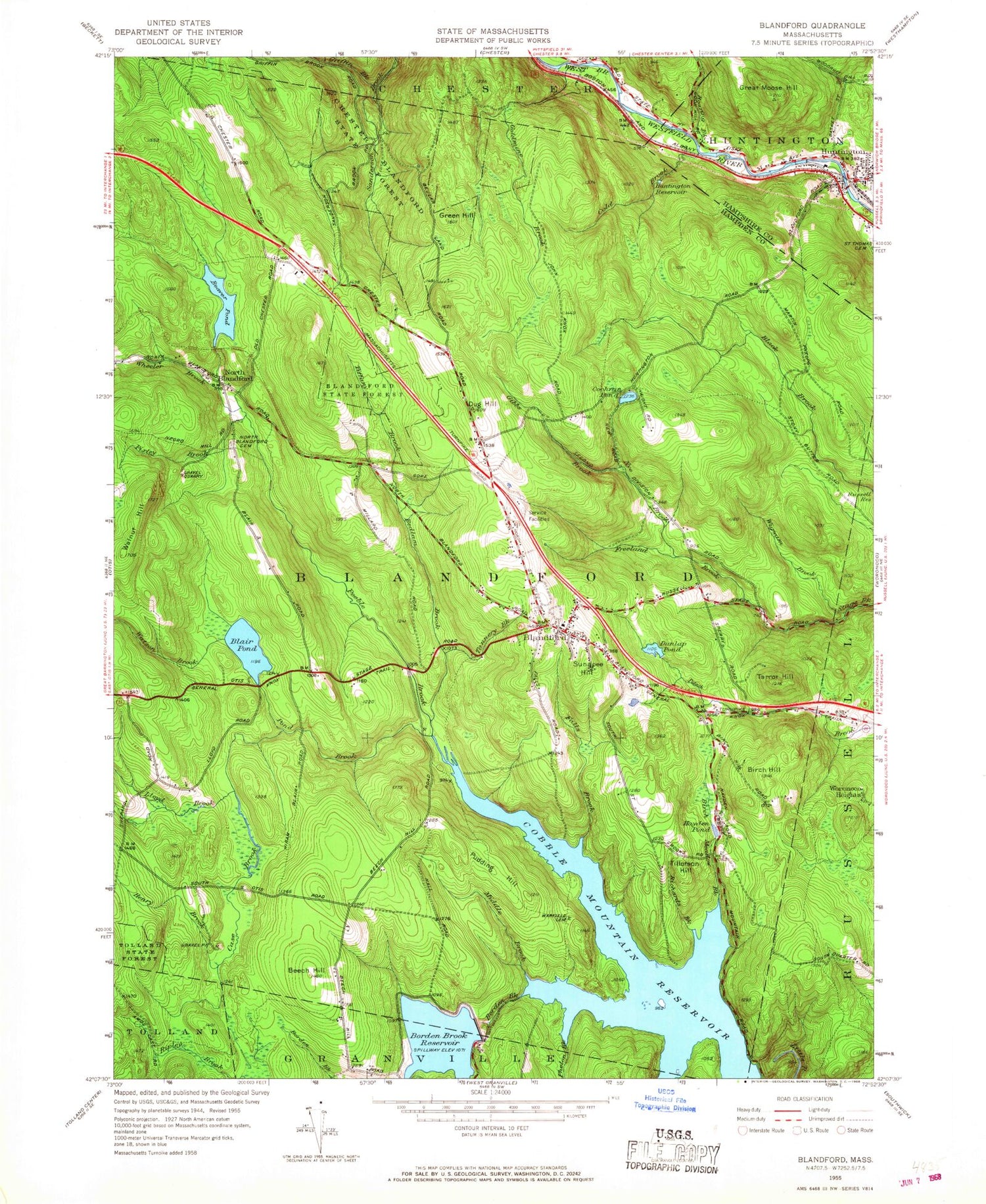 Classic USGS Blandford Massachusetts 7.5'x7.5' Topo Map Image