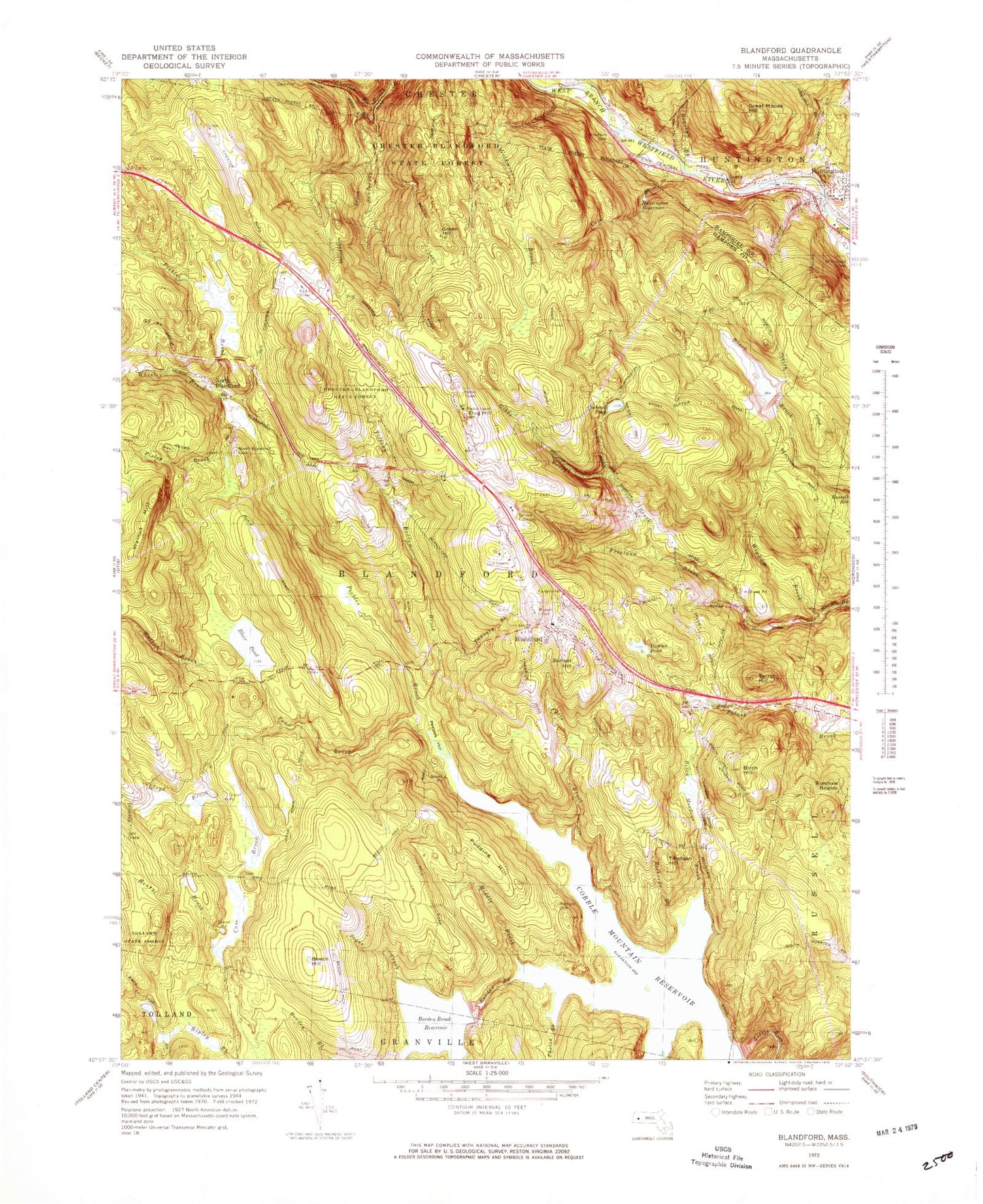Classic USGS Blandford Massachusetts 7.5'x7.5' Topo Map Image