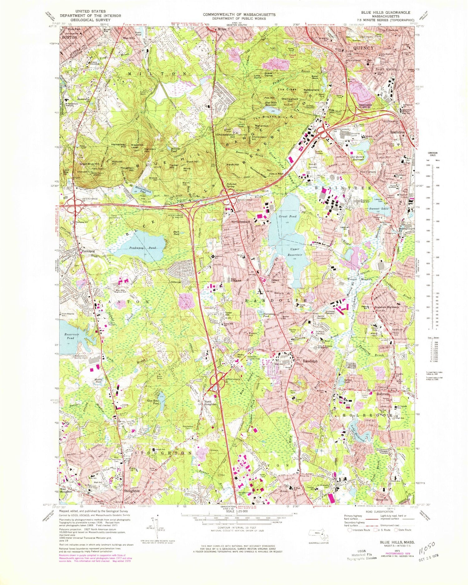 USGS Classic Blue Hills Massachusetts 7.5'x7.5' Topo Map Image