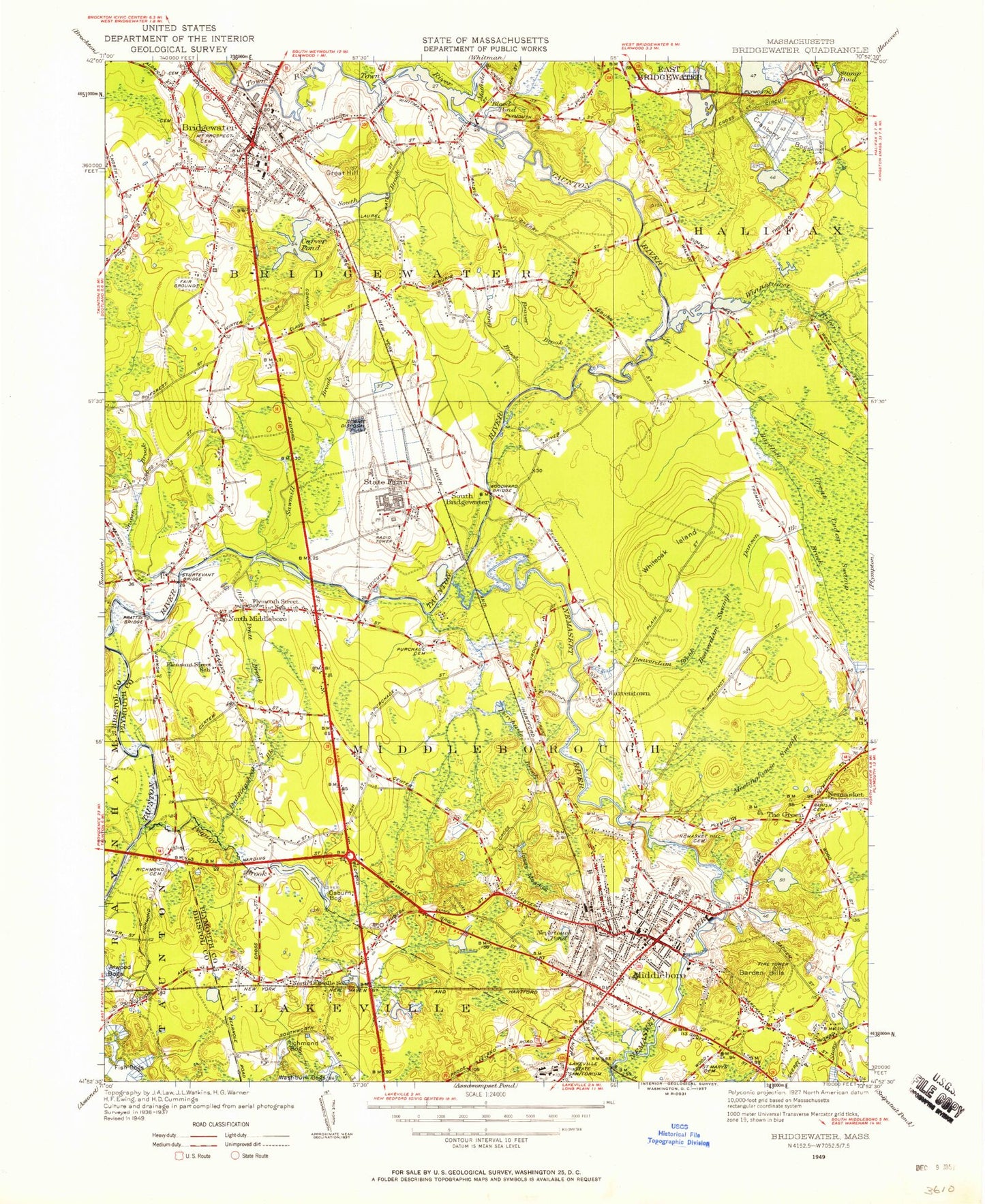 Classic USGS Bridgewater Massachusetts 7.5'x7.5' Topo Map Image