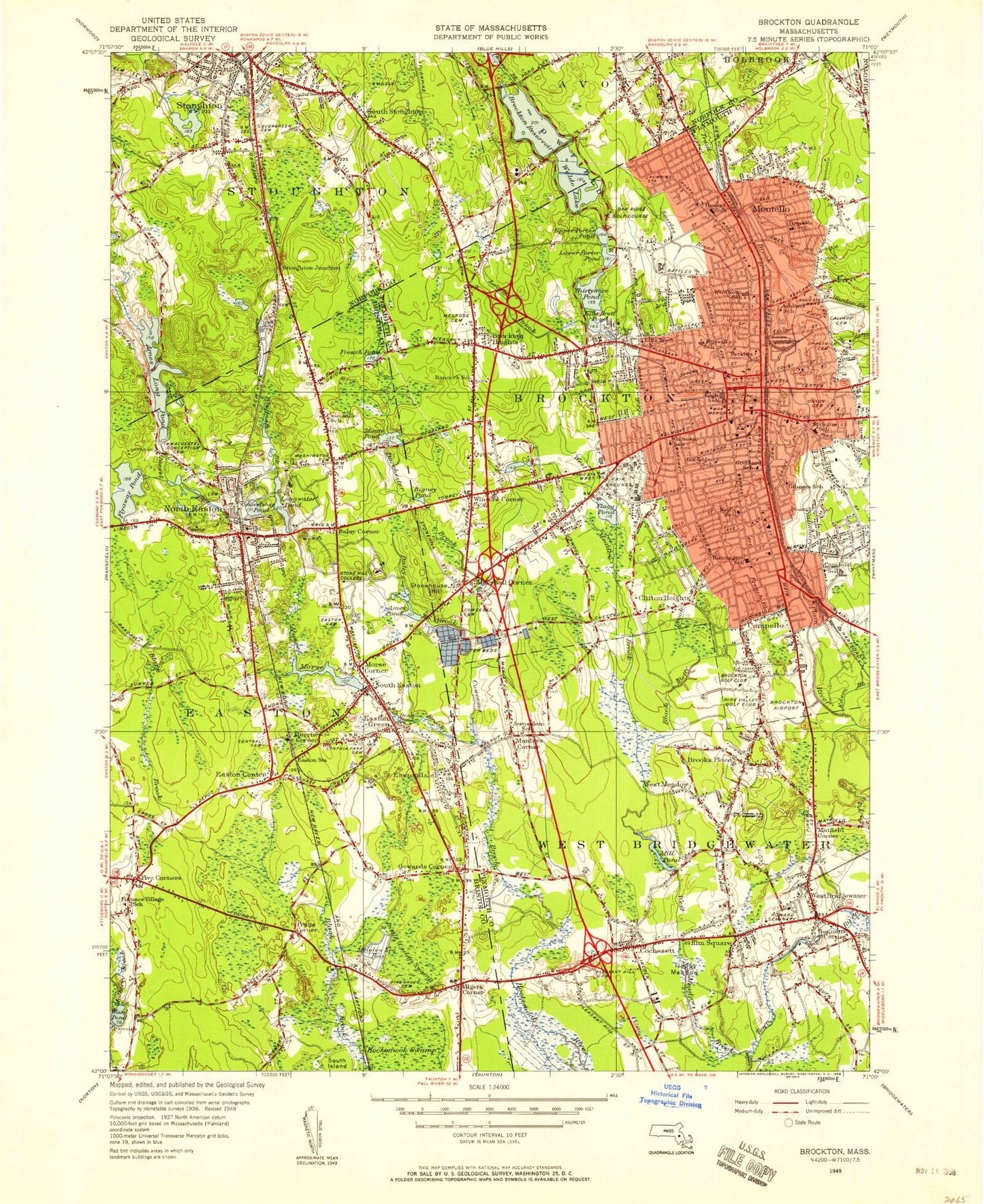 Classic USGS Brockton Massachusetts 7.5'x7.5' Topo Map Image