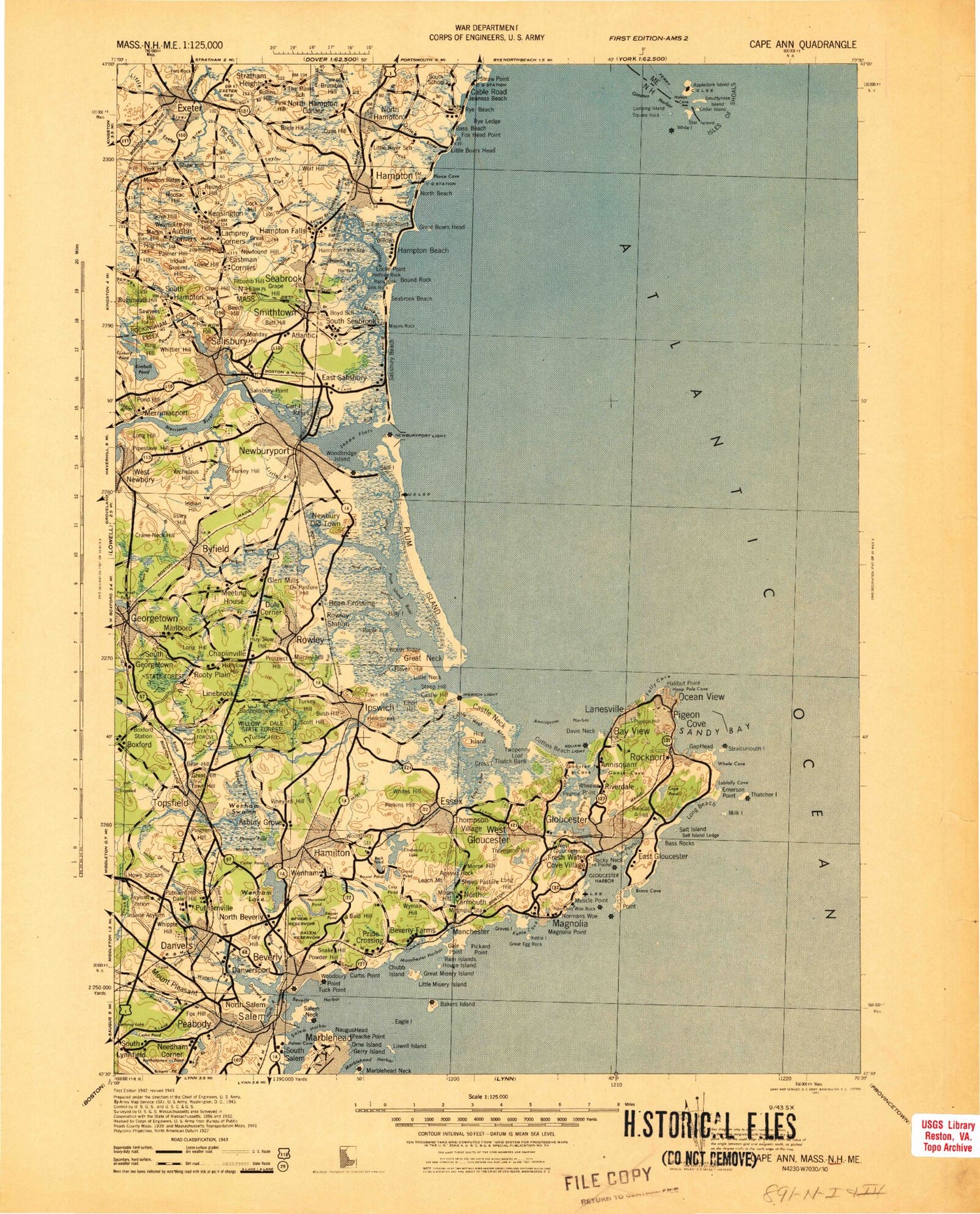 Historic 1943 Cape Ann Massachusetts 30'x30' Topo Map Image