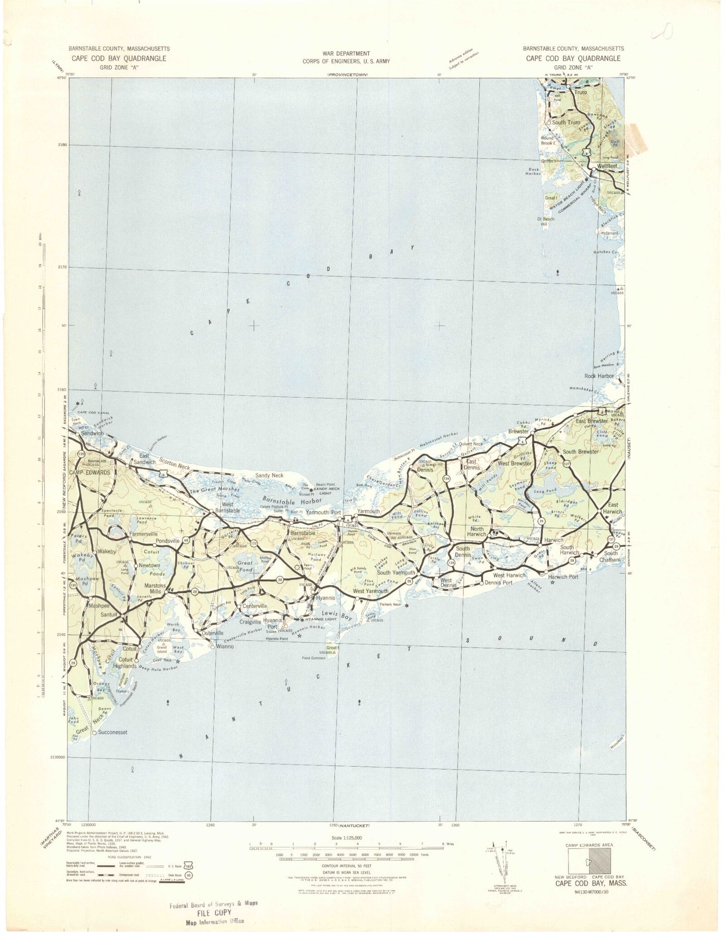 Historic 1942 Cape Cod Bay Massachusetts 30'x30' Topo Map Image