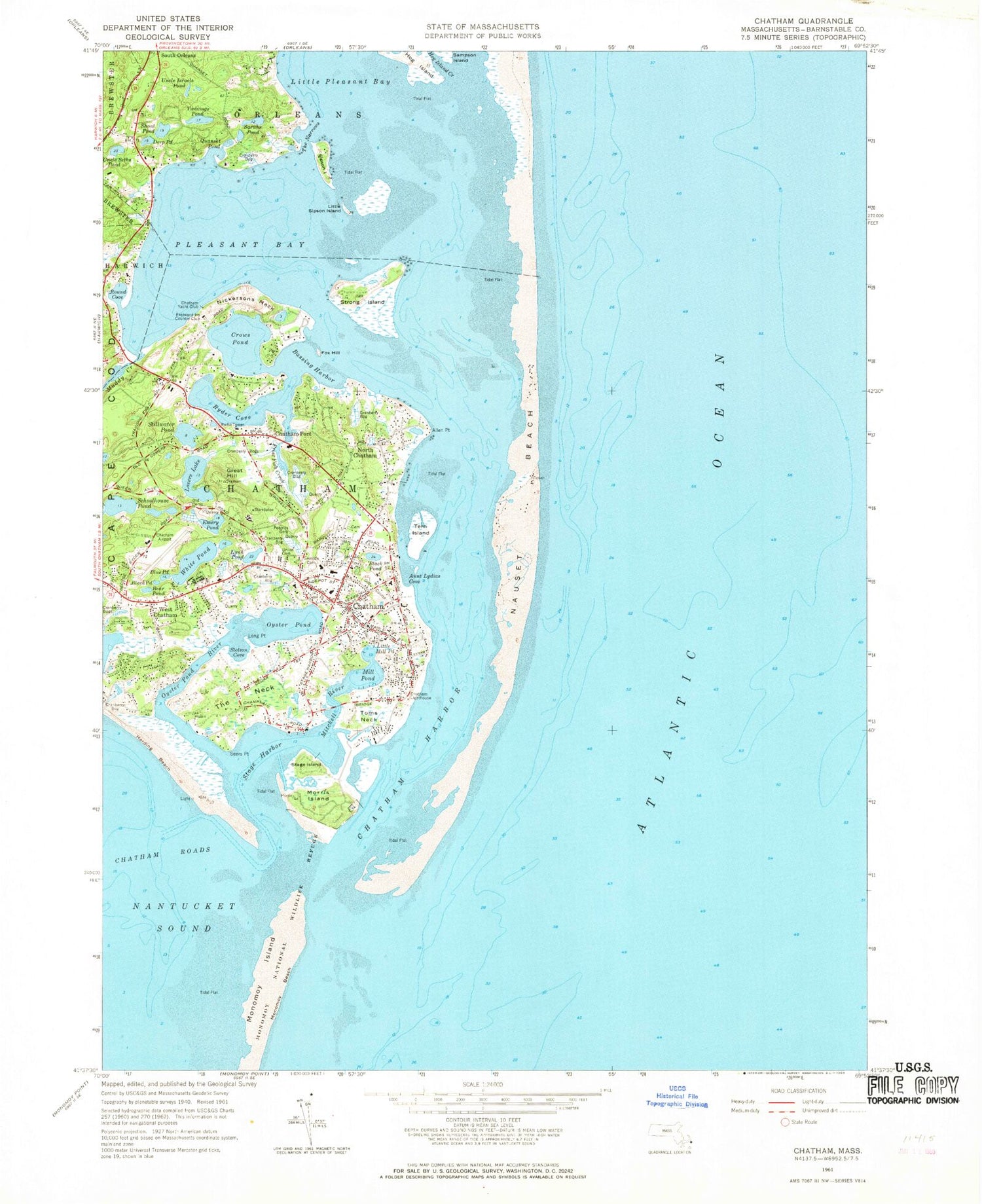 Classic USGS Chatham Massachusetts 7.5'x7.5' Topo Map Image