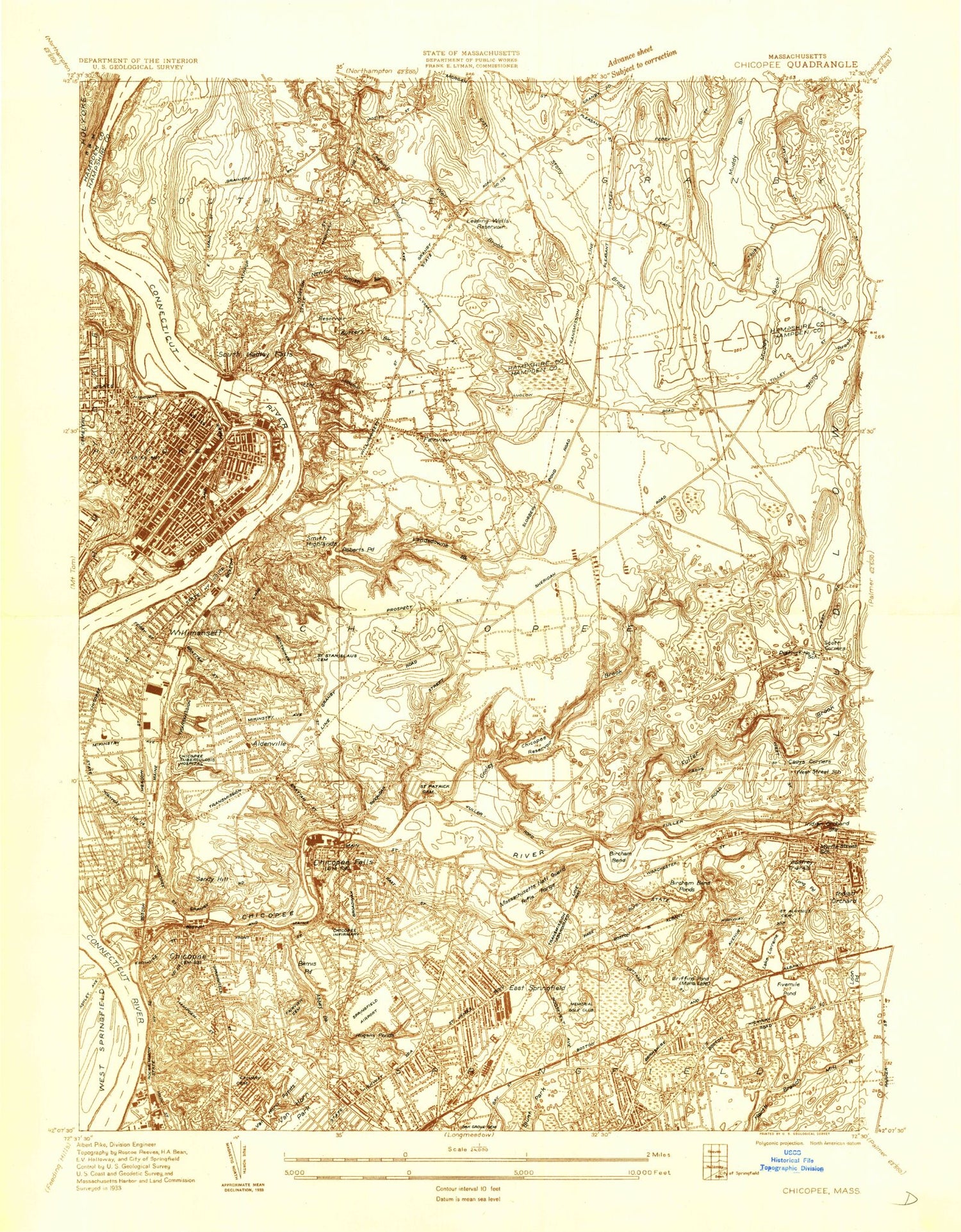 Classic USGS Springfield North Massachusetts 7.5'x7.5' Topo Map Image