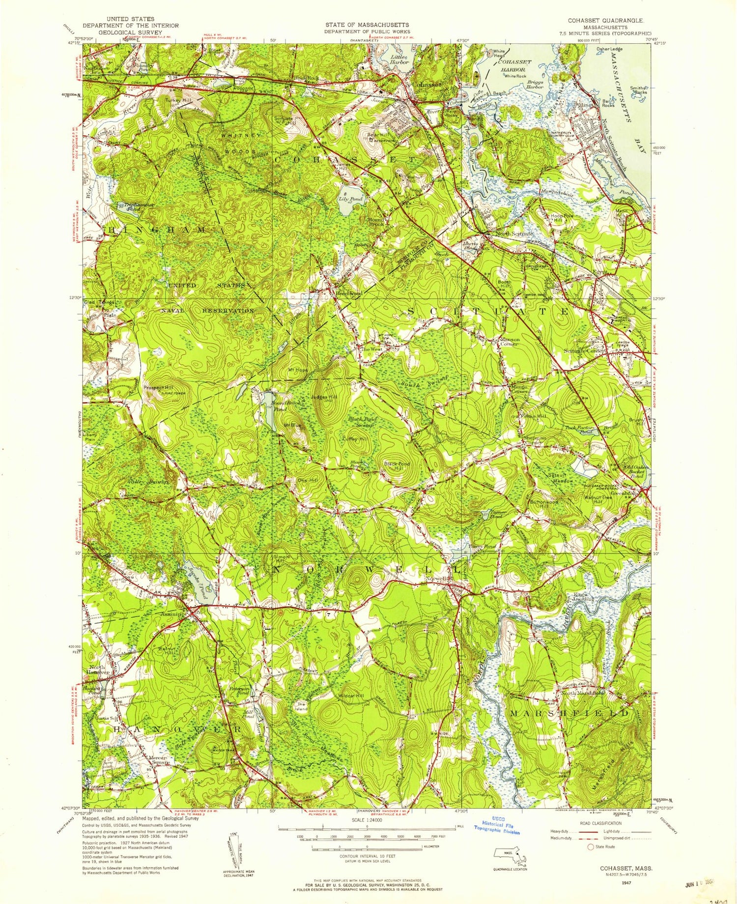 Classic USGS Cohasset Massachusetts 7.5'x7.5' Topo Map Image