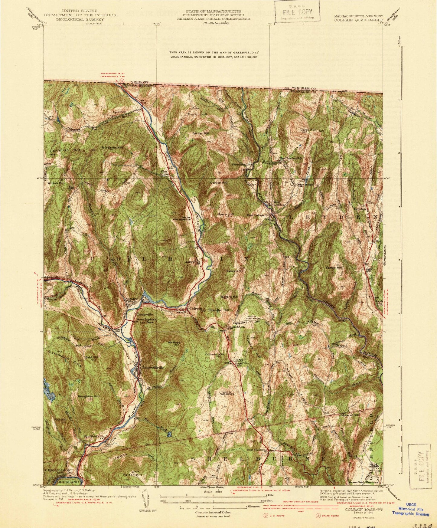 Classic USGS Colrain Massachusetts 7.5'x7.5' Topo Map Image