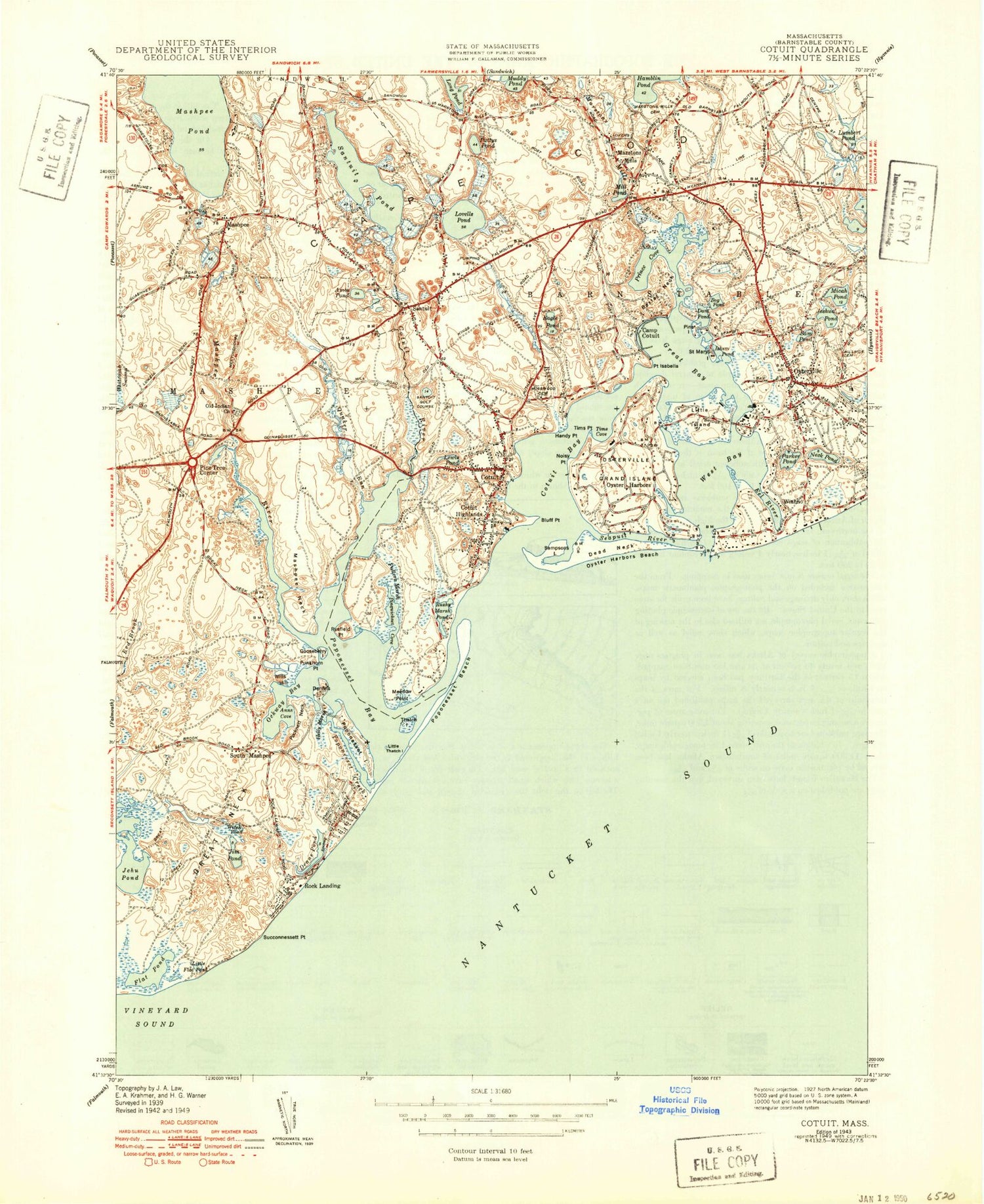Classic USGS Cotuit Massachusetts 7.5'x7.5' Topo Map Image