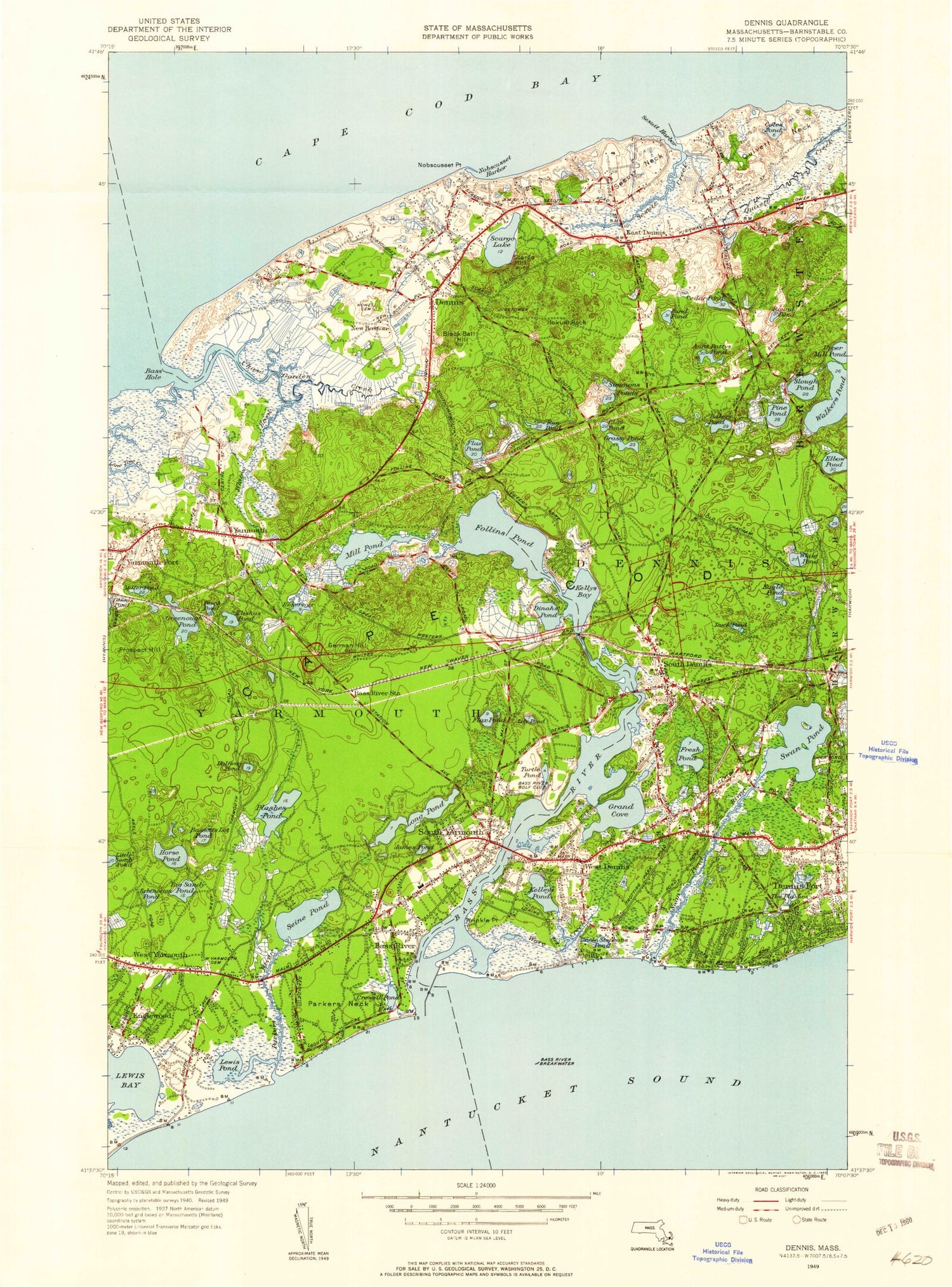Classic USGS Dennis Massachusetts 7.5'x7.5' Topo Map Image