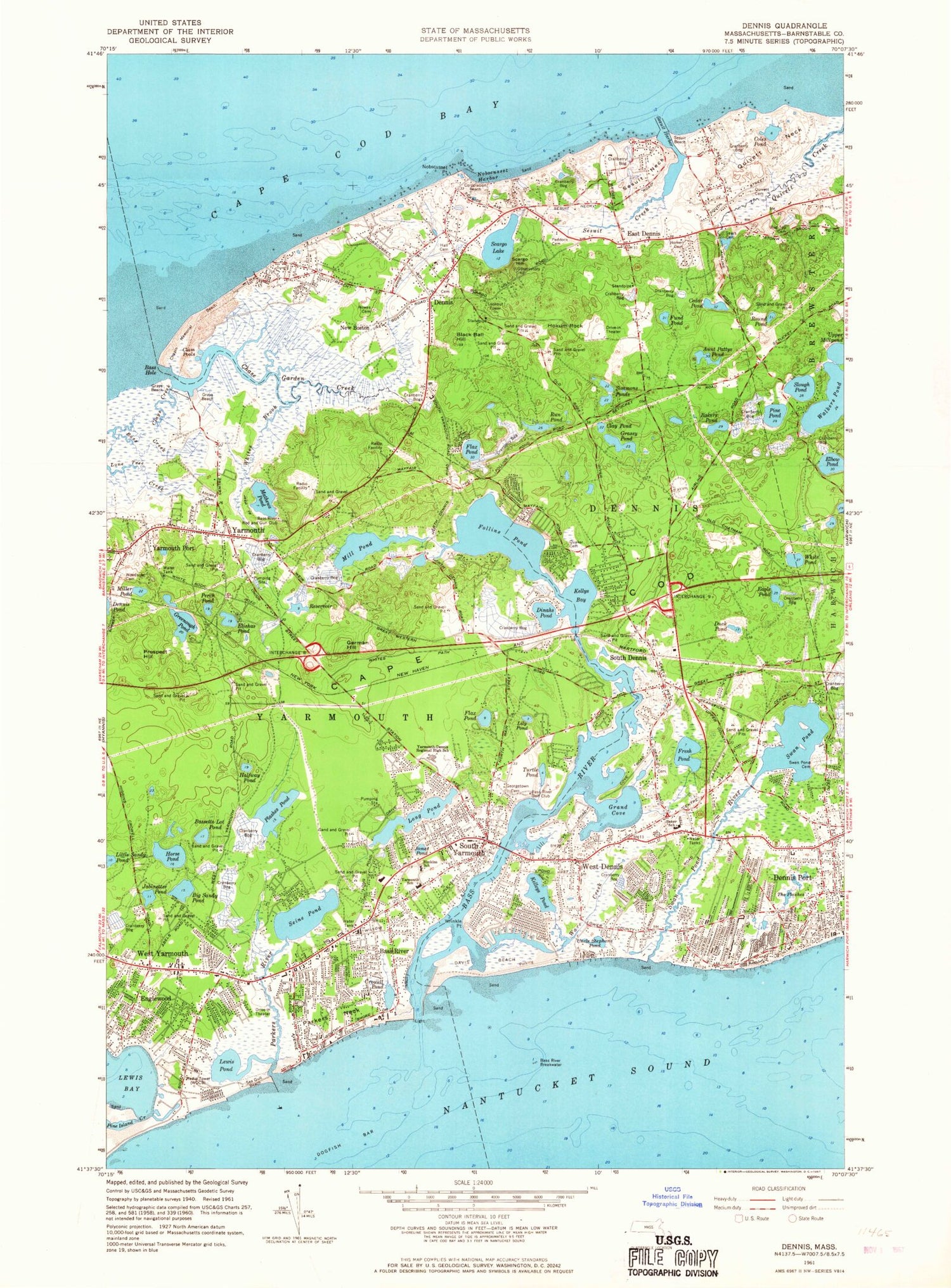 Classic USGS Dennis Massachusetts 7.5'x7.5' Topo Map Image