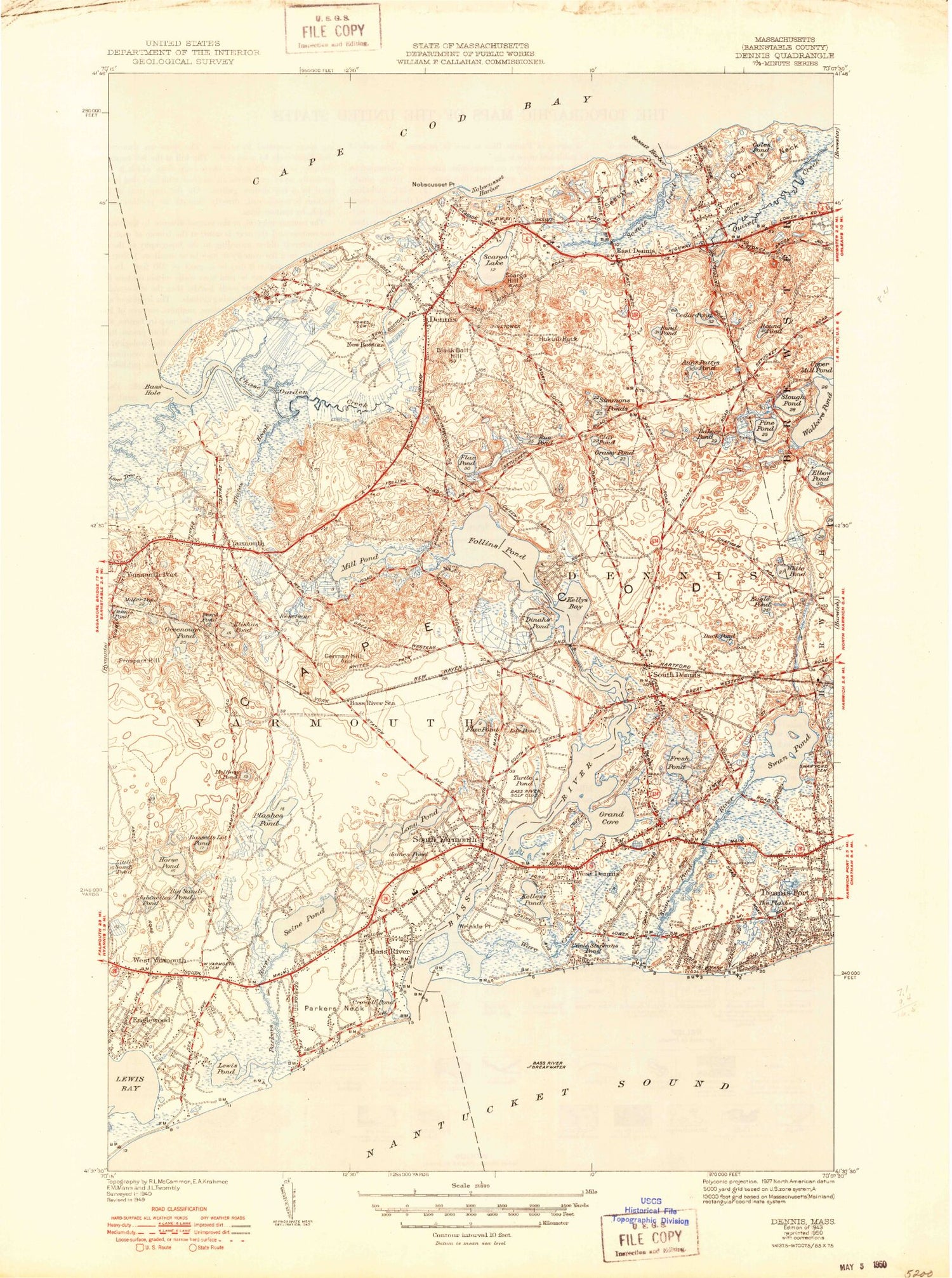 Classic USGS Dennis Massachusetts 7.5'x7.5' Topo Map Image