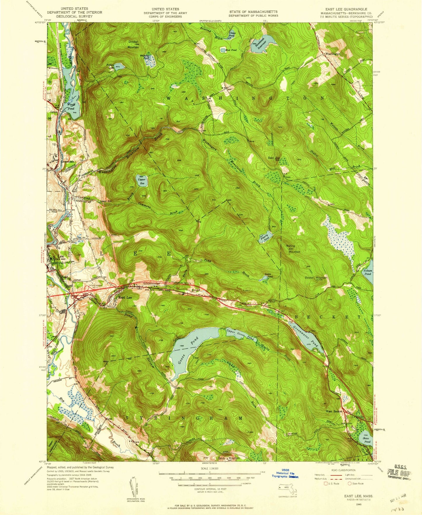 Classic USGS East Lee Massachusetts 7.5'x7.5' Topo Map Image