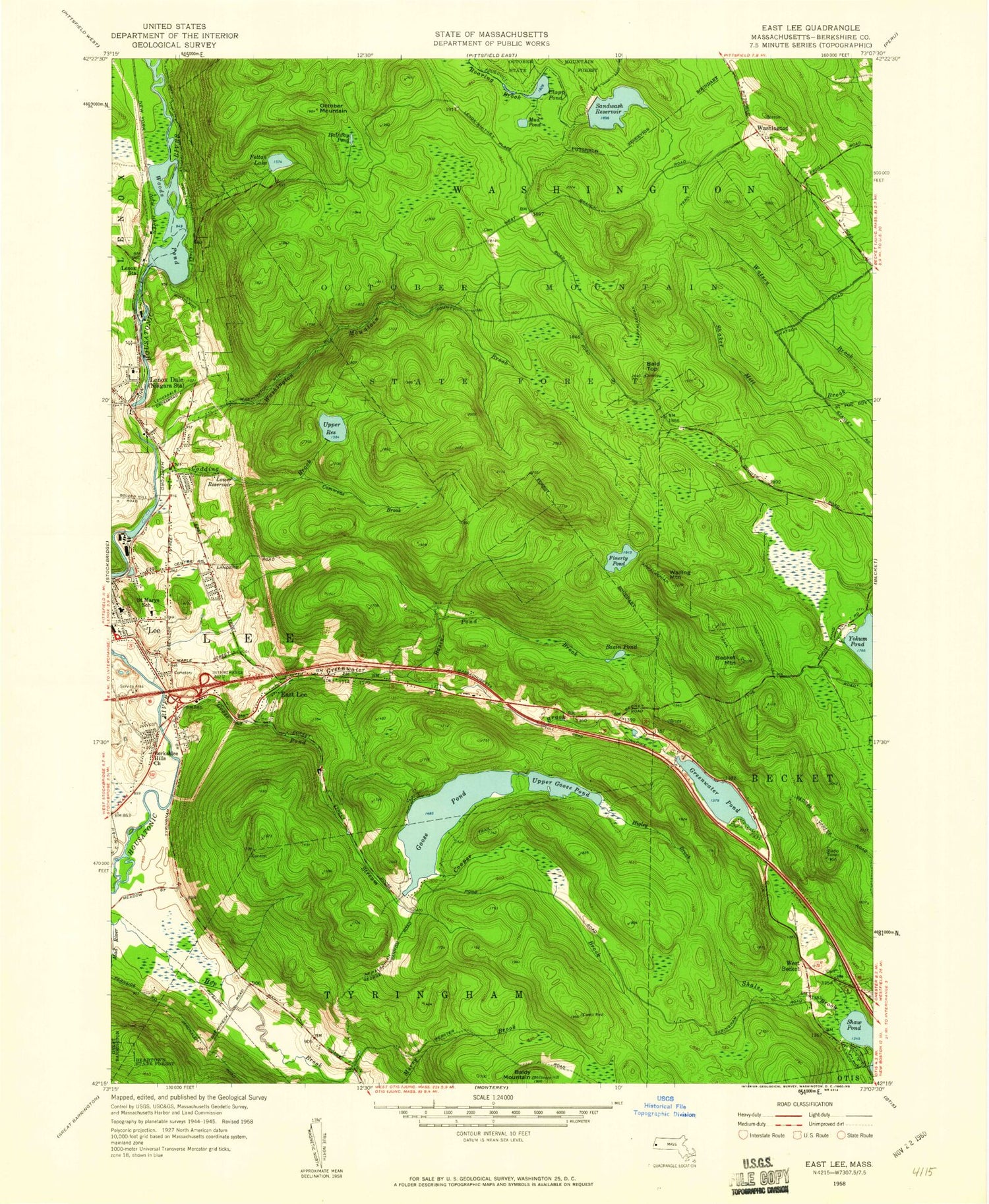 Classic USGS East Lee Massachusetts 7.5'x7.5' Topo Map Image