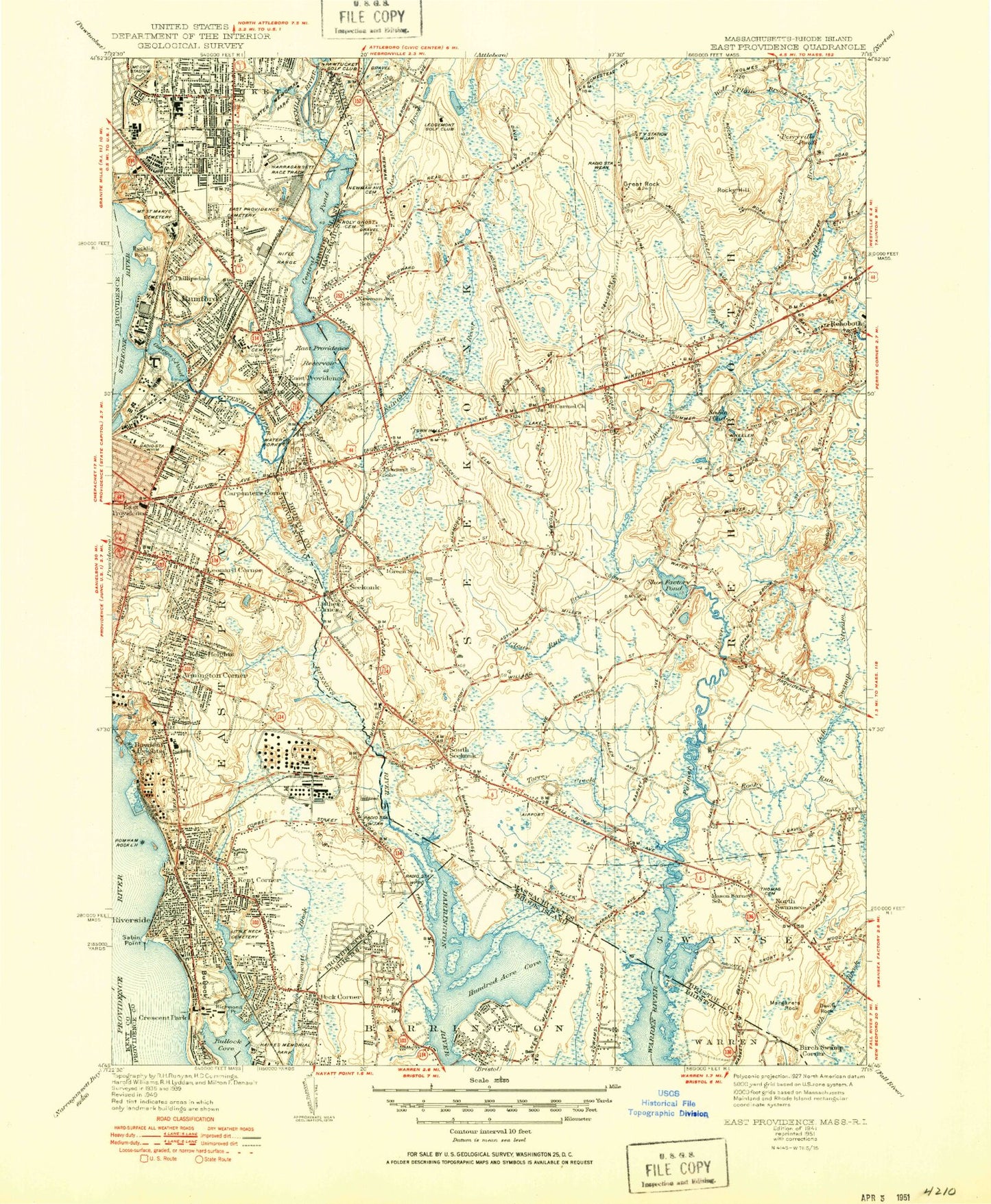 Classic USGS East Providence Rhode Island 7.5'x7.5' Topo Map Image