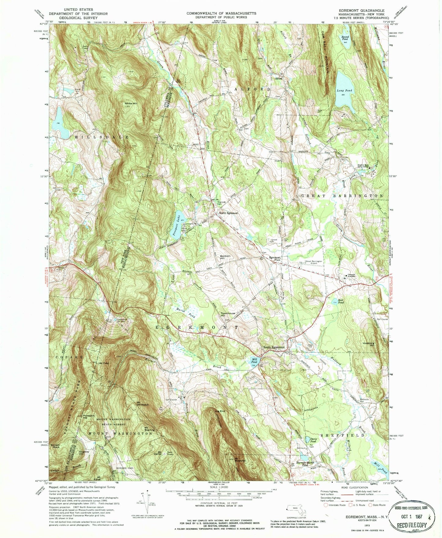 Classic USGS Egremont Massachusetts 7.5'x7.5' Topo Map Image