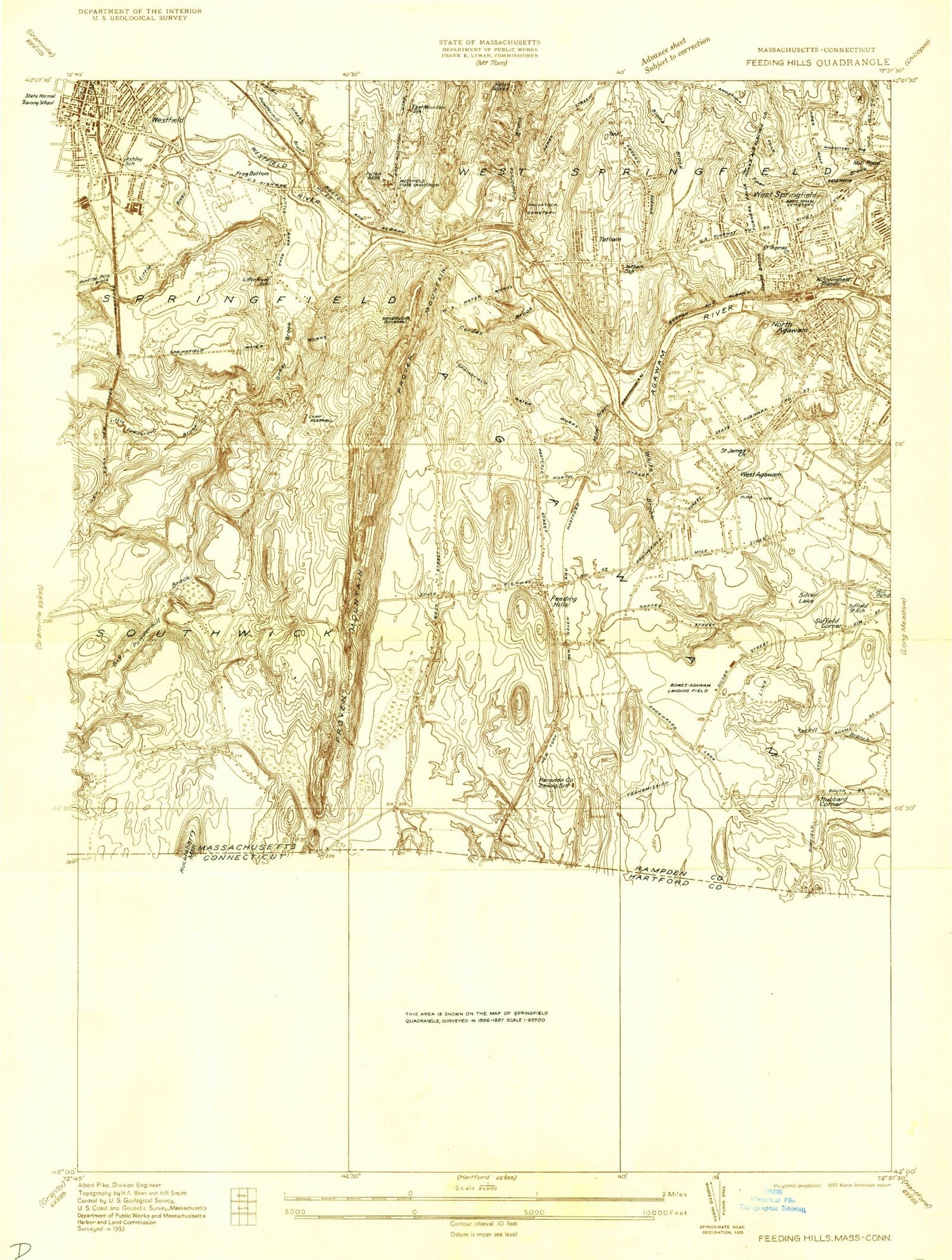 Classic USGS West Springfield Massachusetts 7.5'x7.5' Topo Map Image