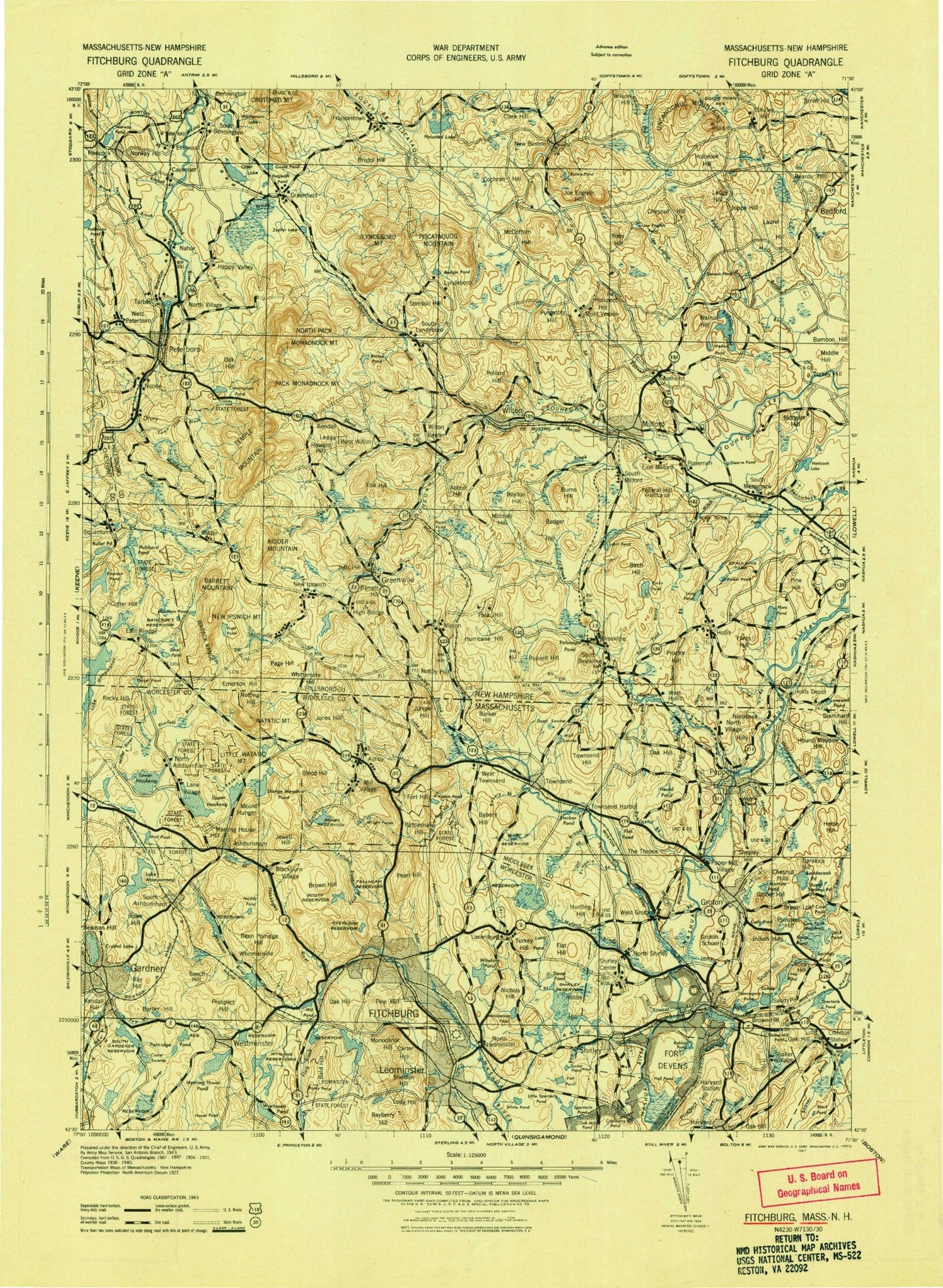 Historic 1943 Fitchburg New Hampshire 30'x30' Topo Map Image