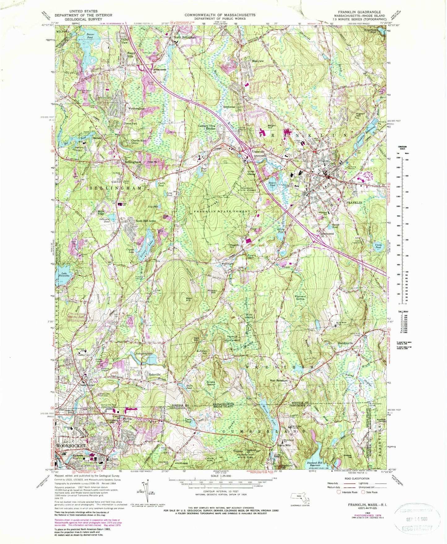 Classic USGS Franklin Massachusetts 7.5'x7.5' Topo Map Image