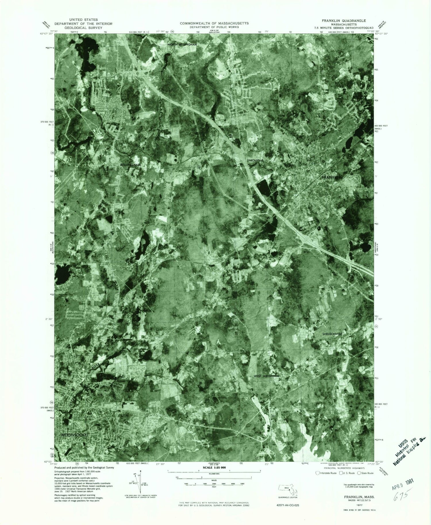 Classic USGS Franklin Massachusetts 7.5'x7.5' Topo Map Image