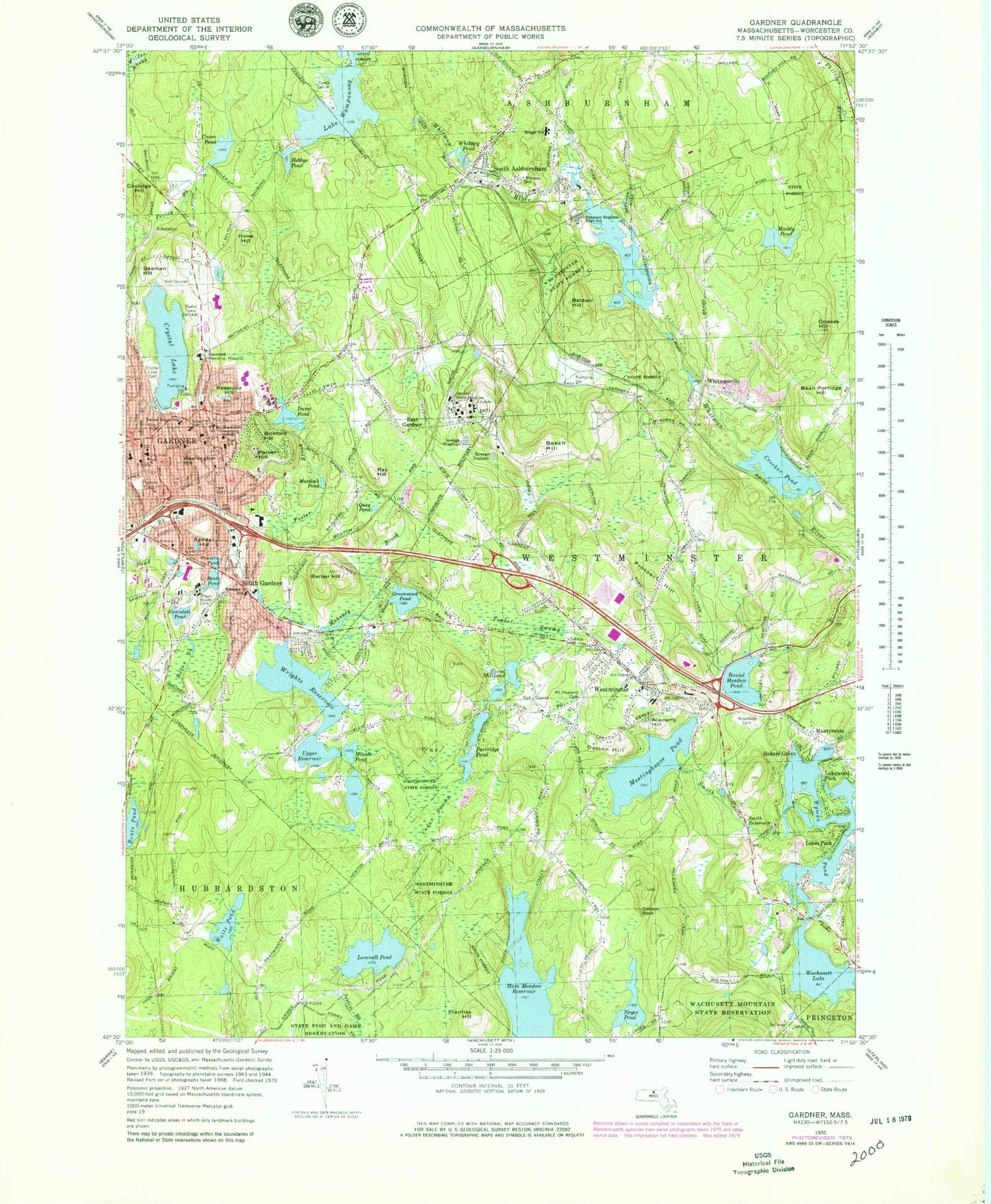 Classic USGS Gardner Massachusetts 7.5'x7.5' Topo Map Image