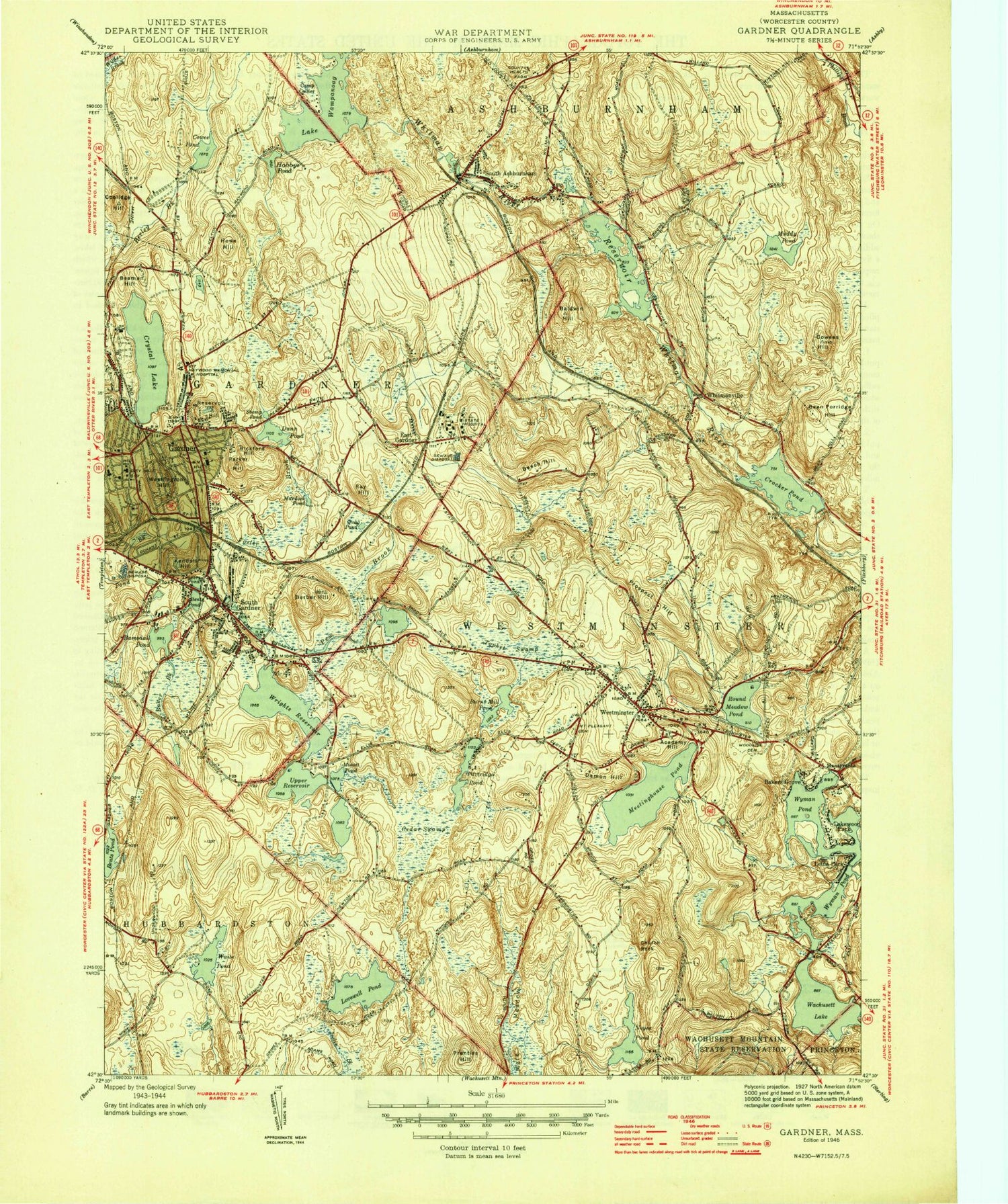 Classic USGS Gardner Massachusetts 7.5'x7.5' Topo Map Image