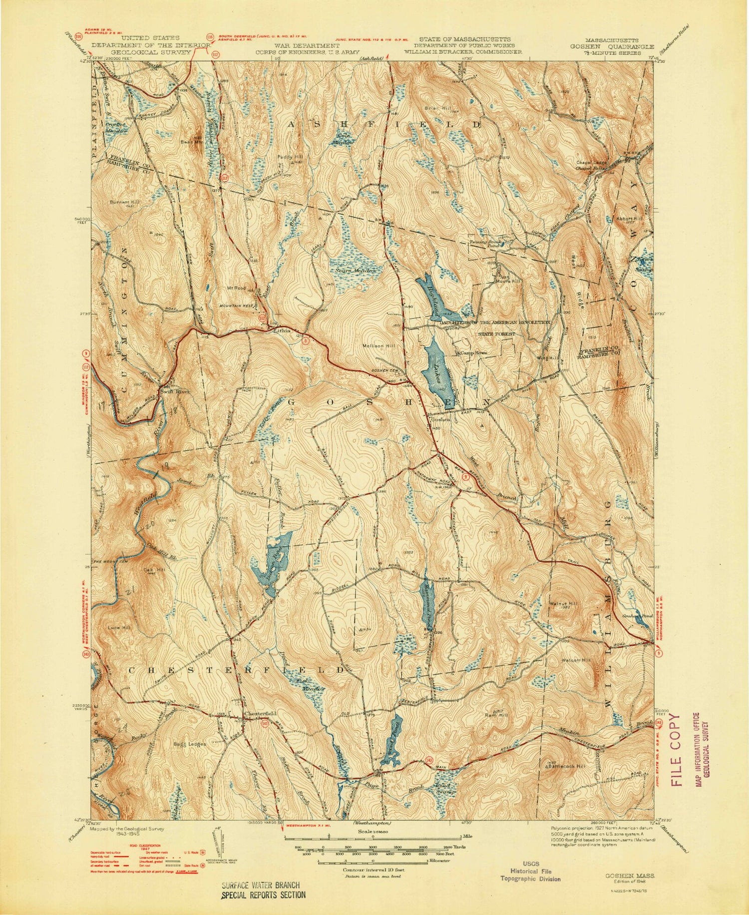 Classic USGS Goshen Massachusetts 7.5'x7.5' Topo Map Image