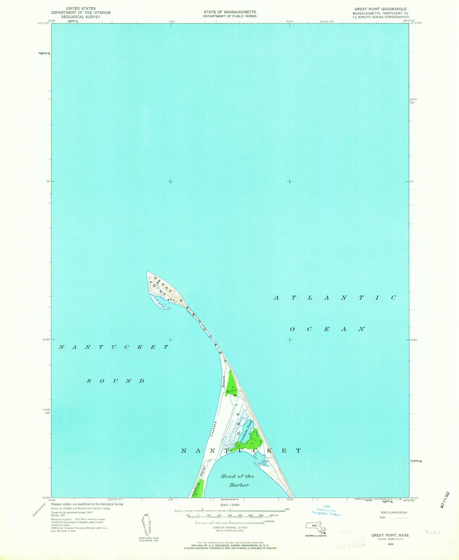 Classic USGS Great Point Massachusetts 7.5'x7.5' Topo Map Image