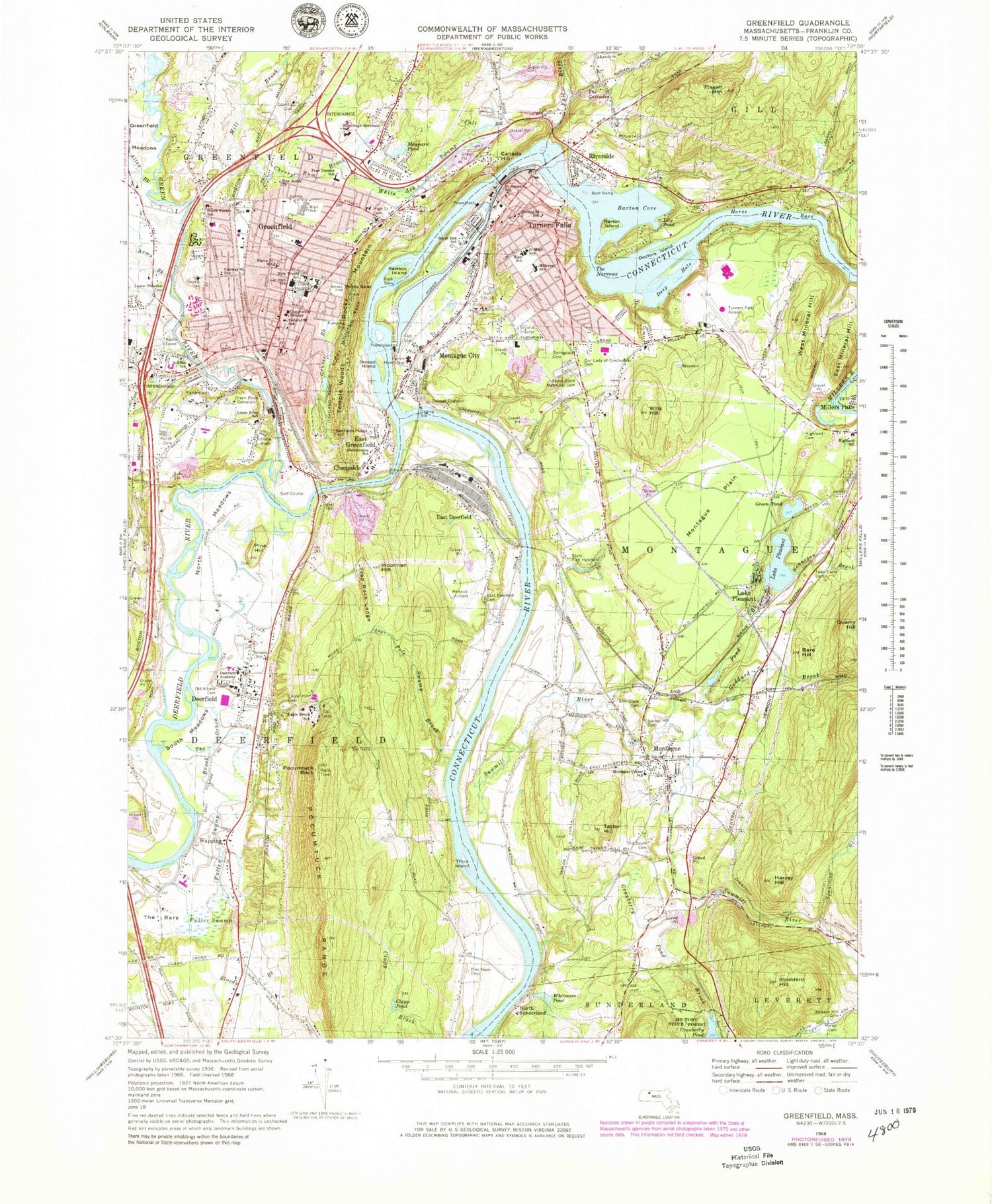 Classic USGS Greenfield Massachusetts 7.5'x7.5' Topo Map Image