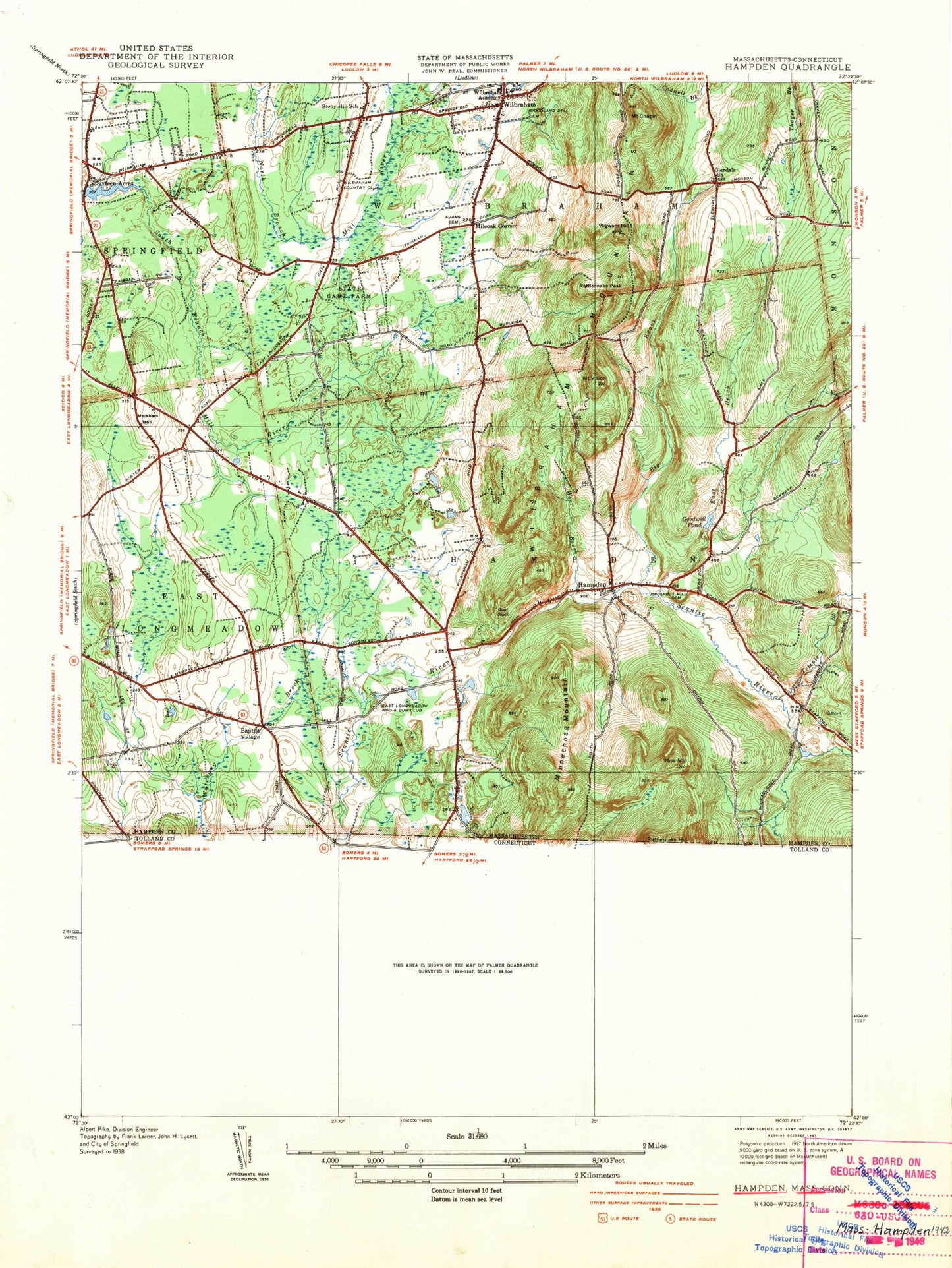 Classic USGS Hampden Massachusetts 7.5'x7.5' Topo Map Image