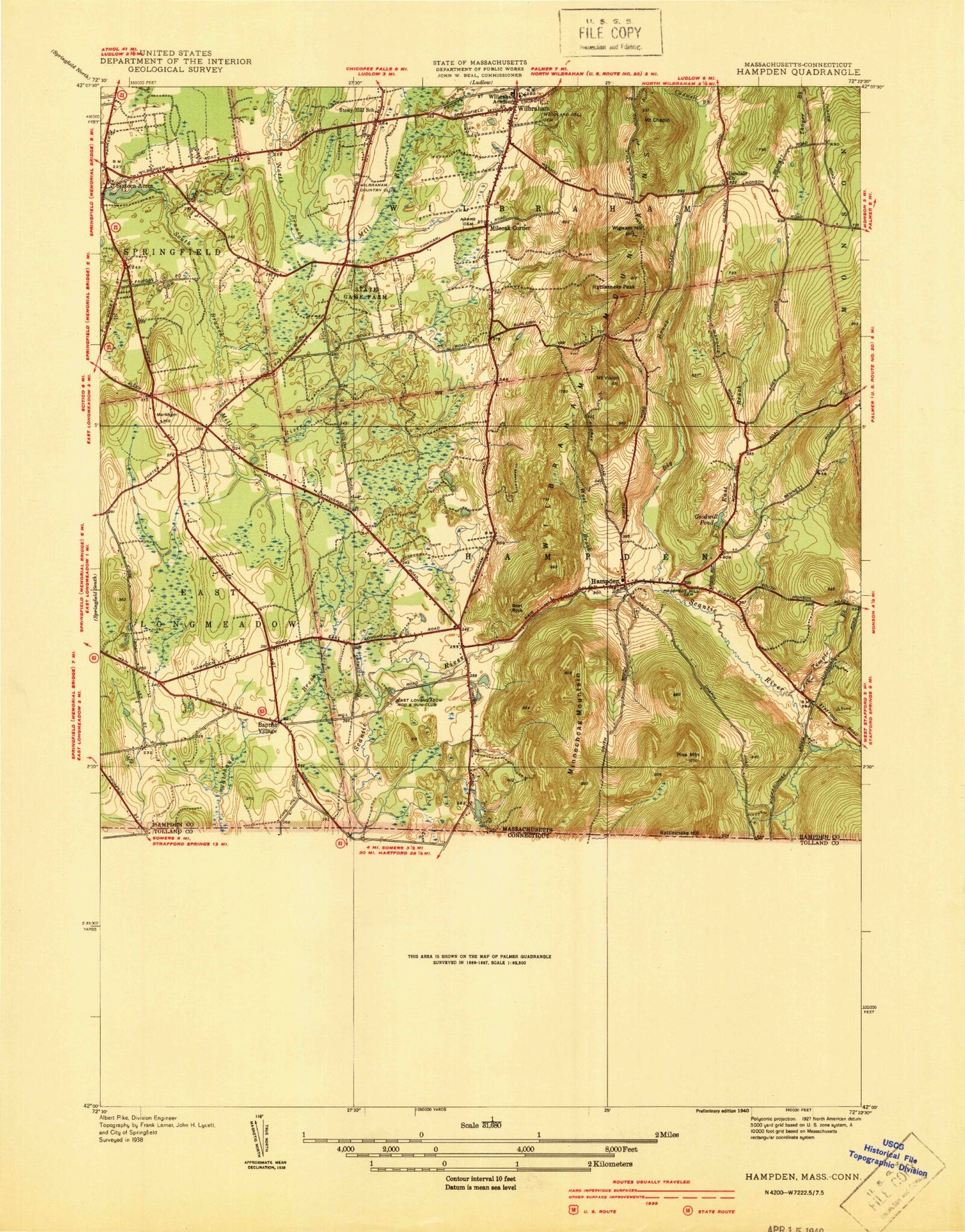 Classic USGS Hampden Massachusetts 7.5'x7.5' Topo Map Image